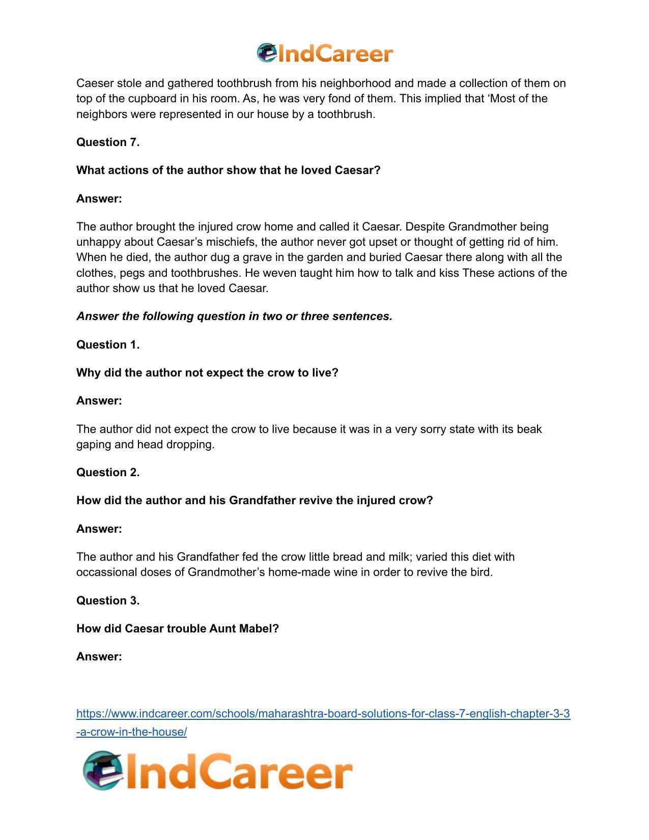 Maharashtra Board Solutions for Class 7- English: Chapter 3.3- A Crow in the House - Page 9