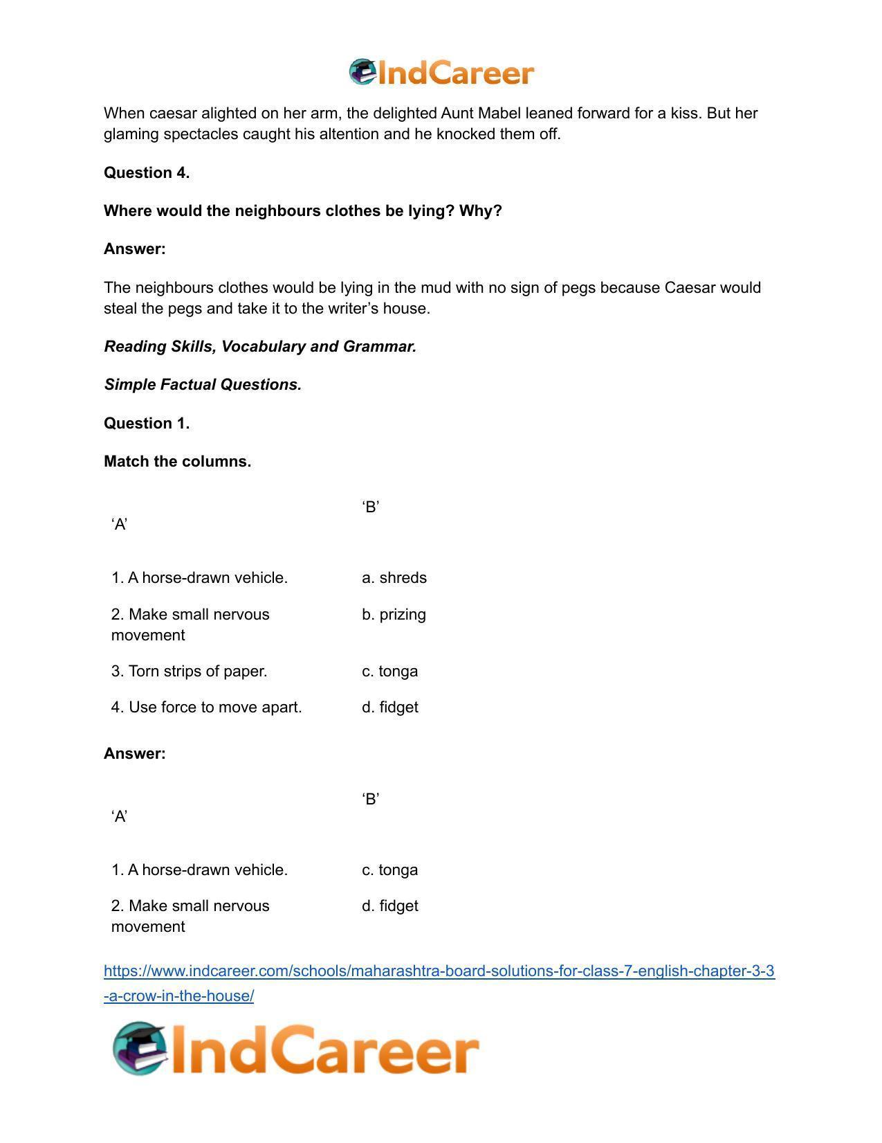 Maharashtra Board Solutions for Class 7- English: Chapter 3.3- A Crow in the House - Page 10