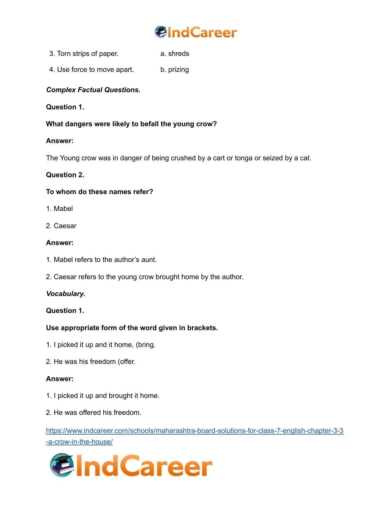Maharashtra Board Solutions for Class 7- English: Chapter 3.3- A Crow in the House - Page 11