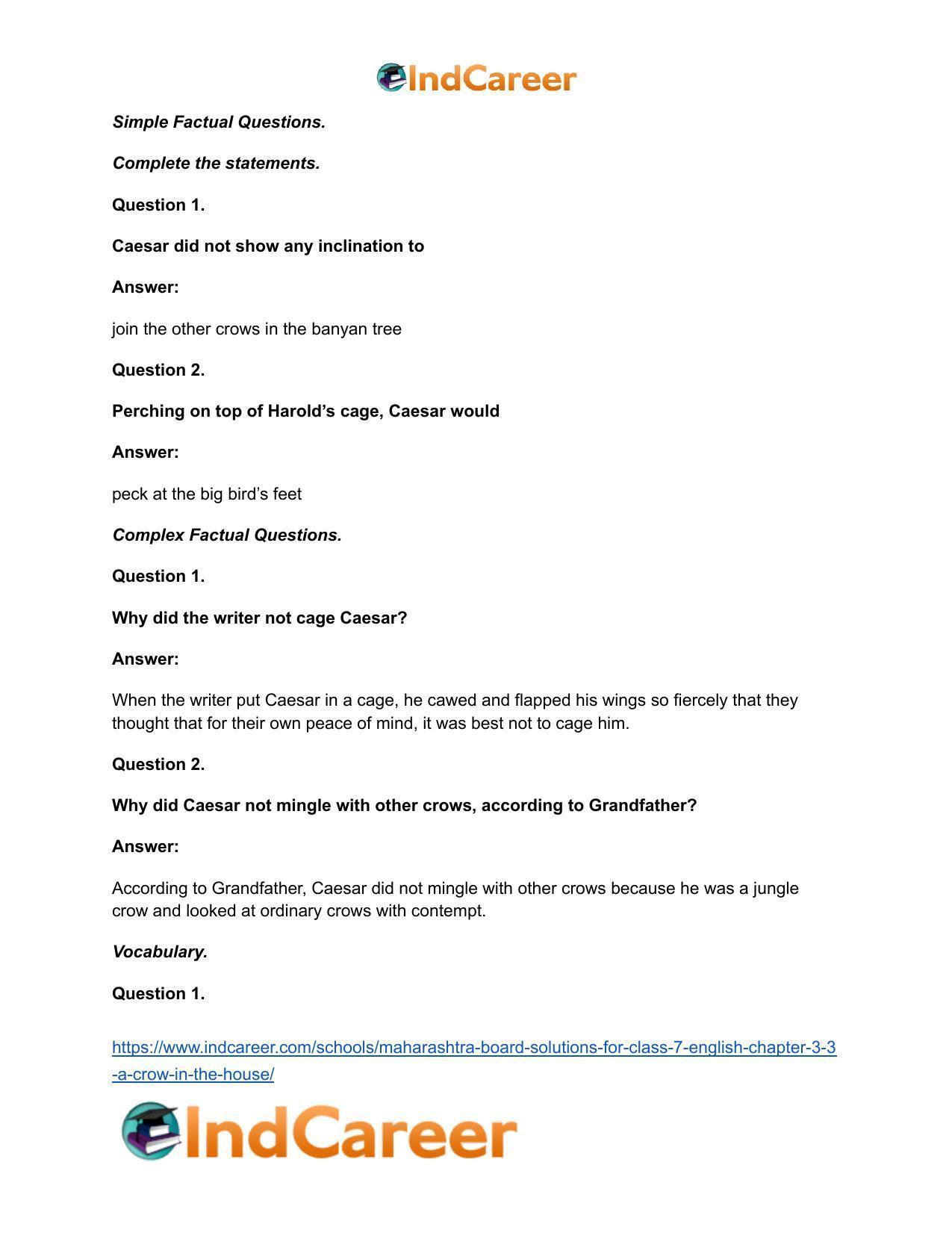 Maharashtra Board Solutions for Class 7- English: Chapter 3.3- A Crow in the House - Page 13