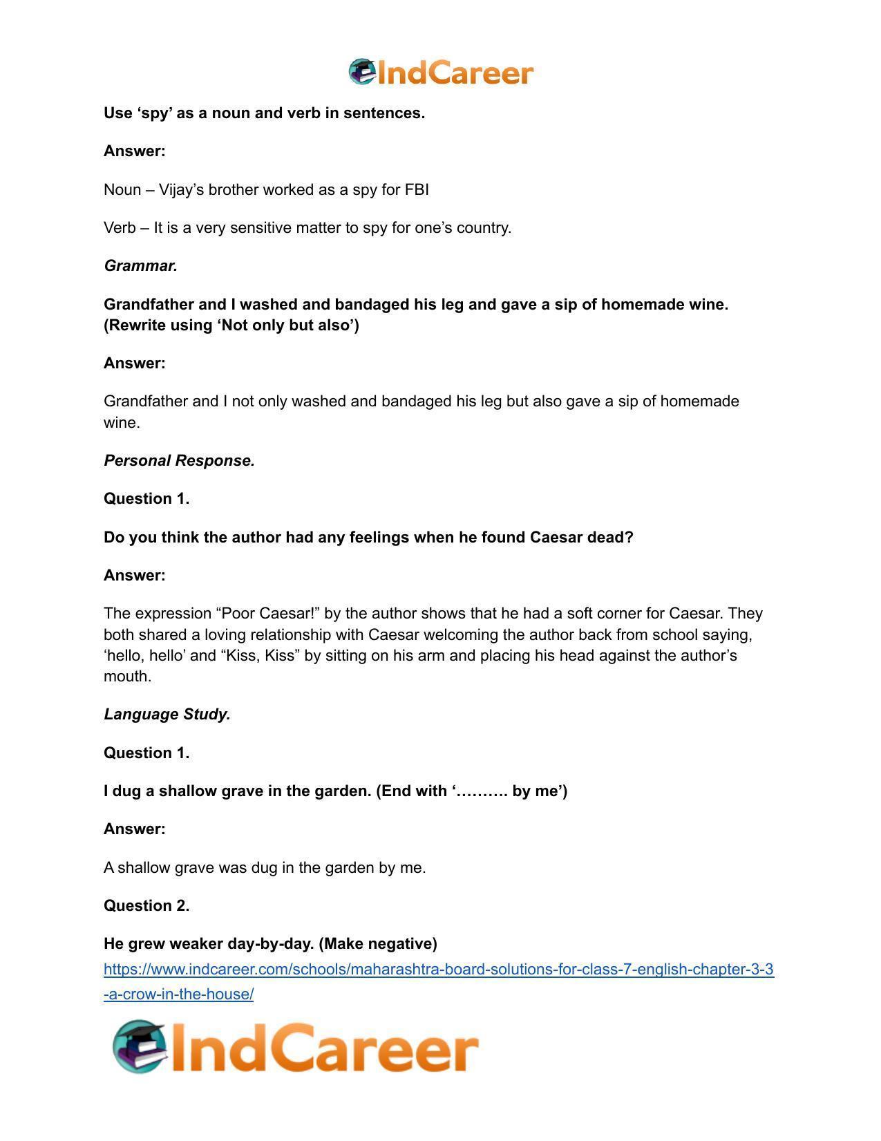 Maharashtra Board Solutions for Class 7- English: Chapter 3.3- A Crow in the House - Page 17