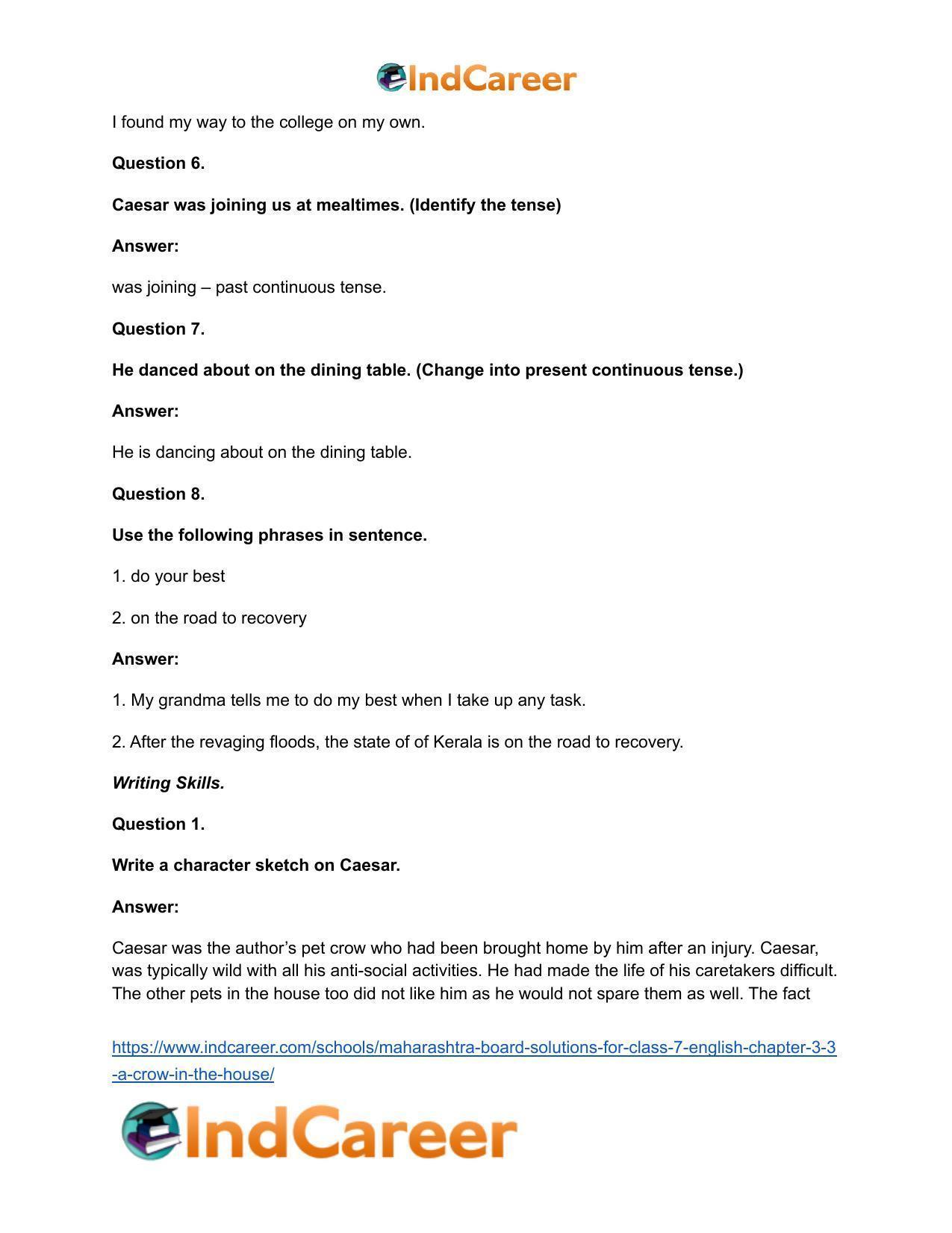 Maharashtra Board Solutions for Class 7- English: Chapter 3.3- A Crow in the House - Page 19