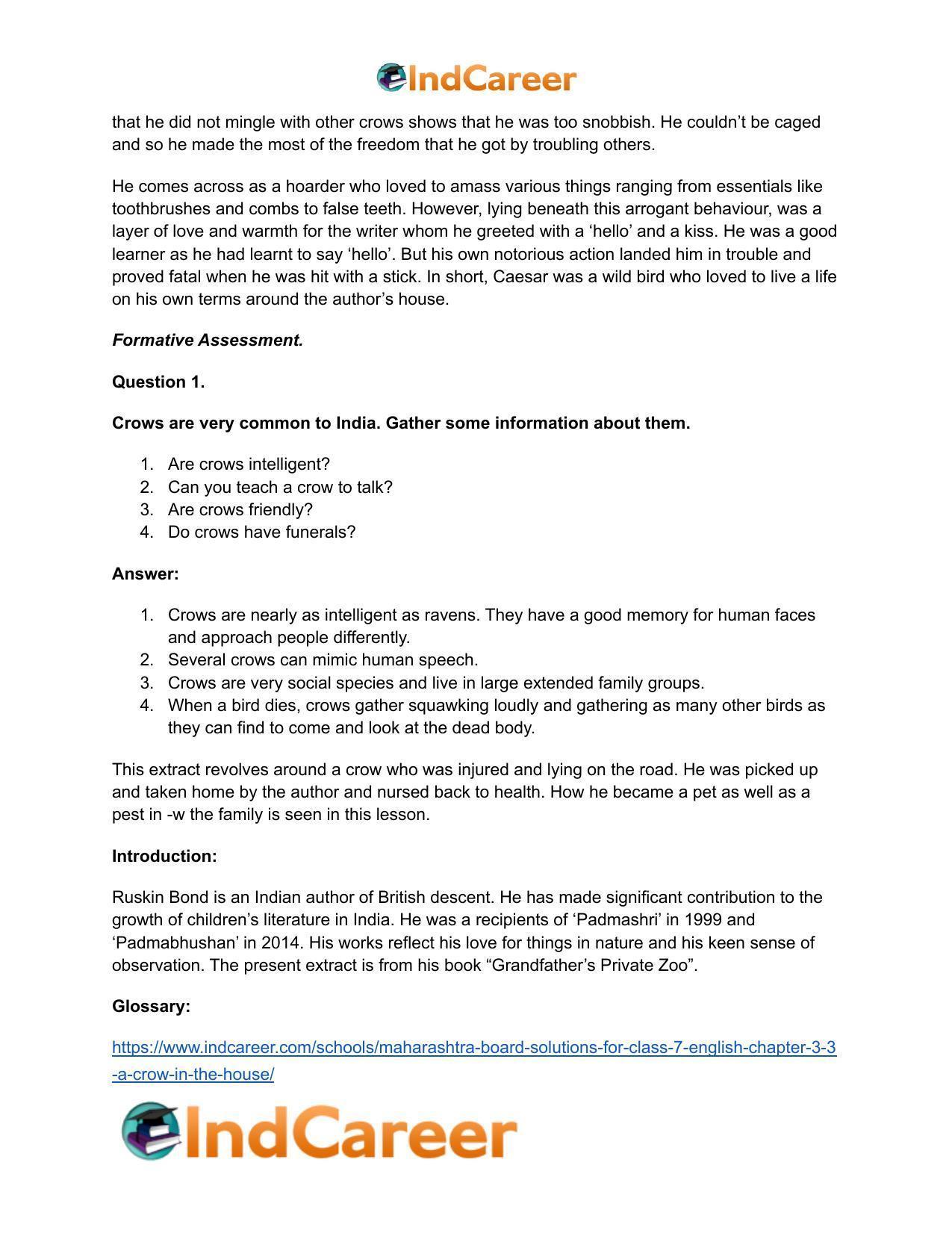Maharashtra Board Solutions for Class 7- English: Chapter 3.3- A Crow in the House - Page 20