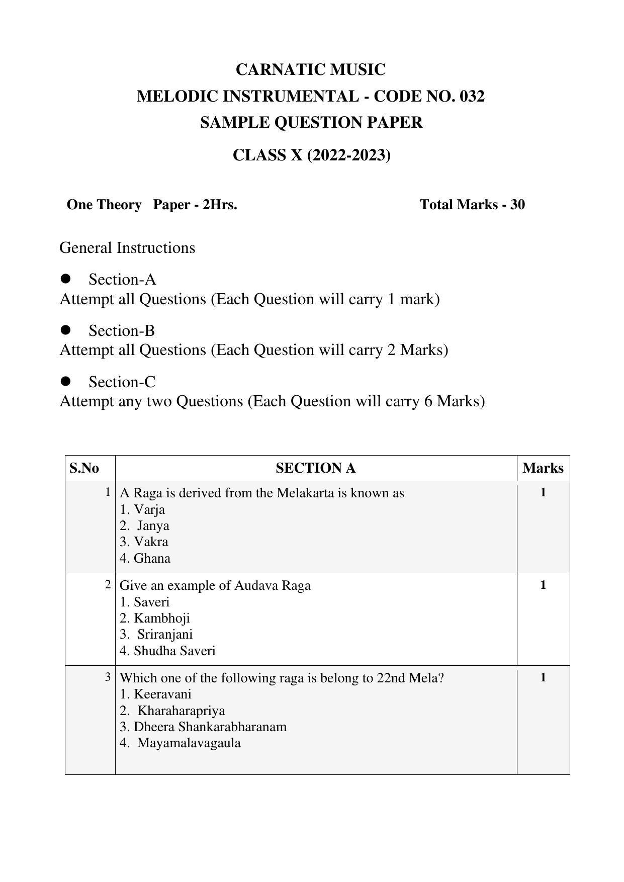 CBSE Class 10 Carnatic Music-Melodic Instruments Sample Papers 2023 - Page 1