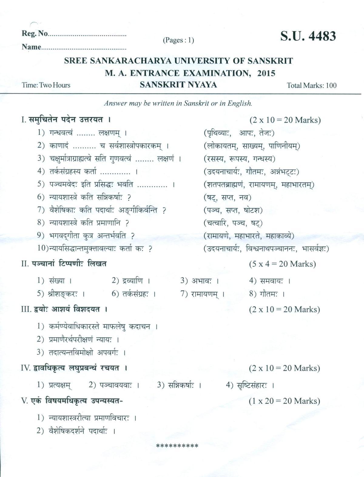 SSUS Entrance Exam SANSKRIT NYAYA 2015 Question Paper - Page 1