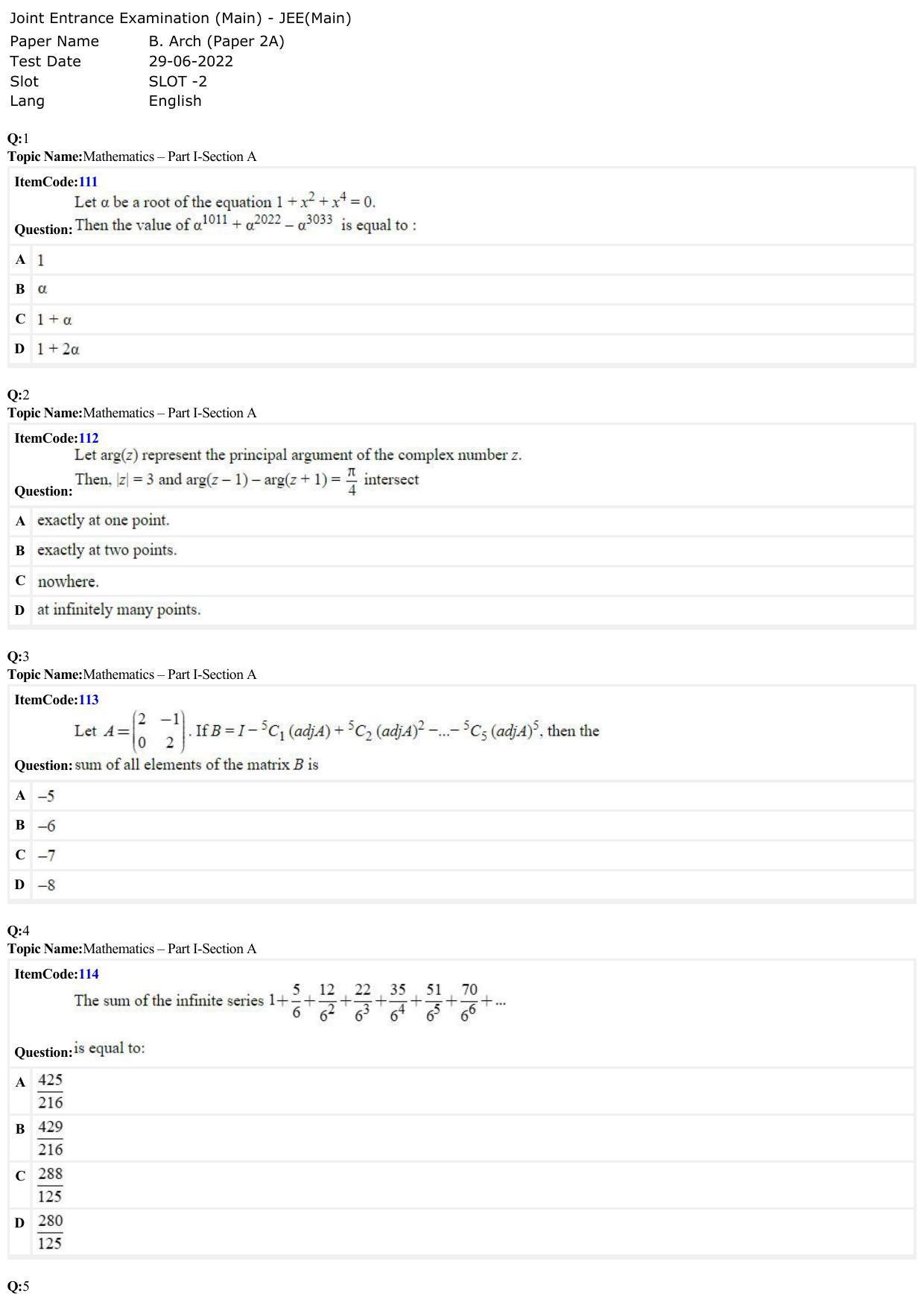 JEE Mains 2022: B.Arch English (Shift 1) 29-06-2022 Question Paper - Page 1