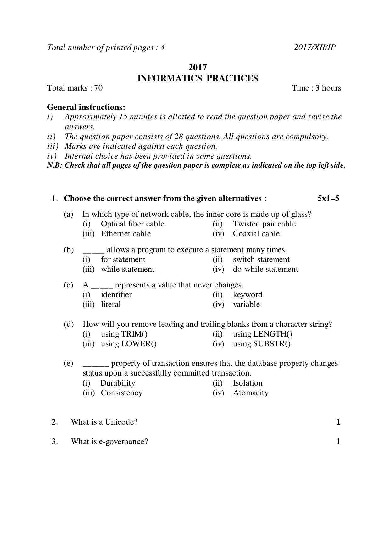 Nagaland Board Class 12 INFORMATICS PRACTICES 2017 Question Papers - Page 1