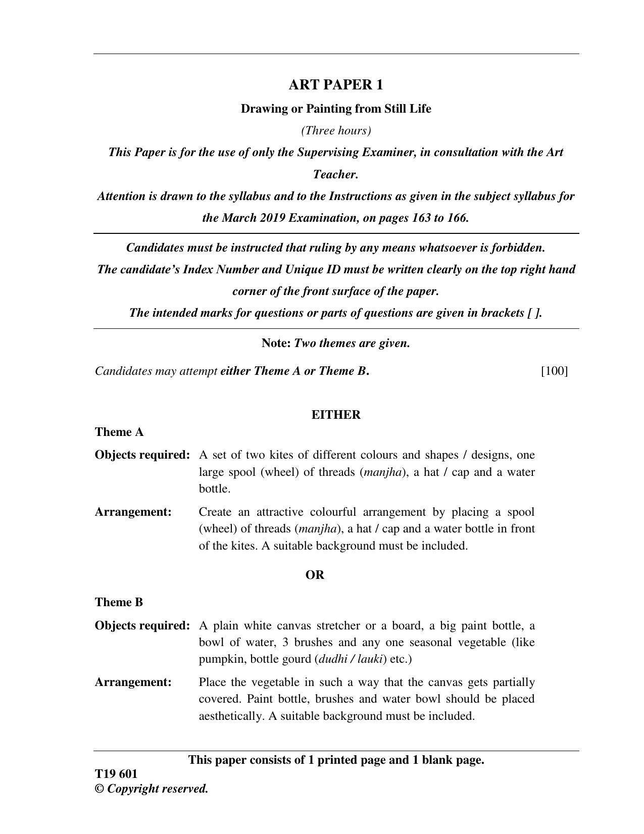 ICSE Class 10 Art Paper 1 (Drawing or Painting from Still Life) 2019 Question Paper - Page 1