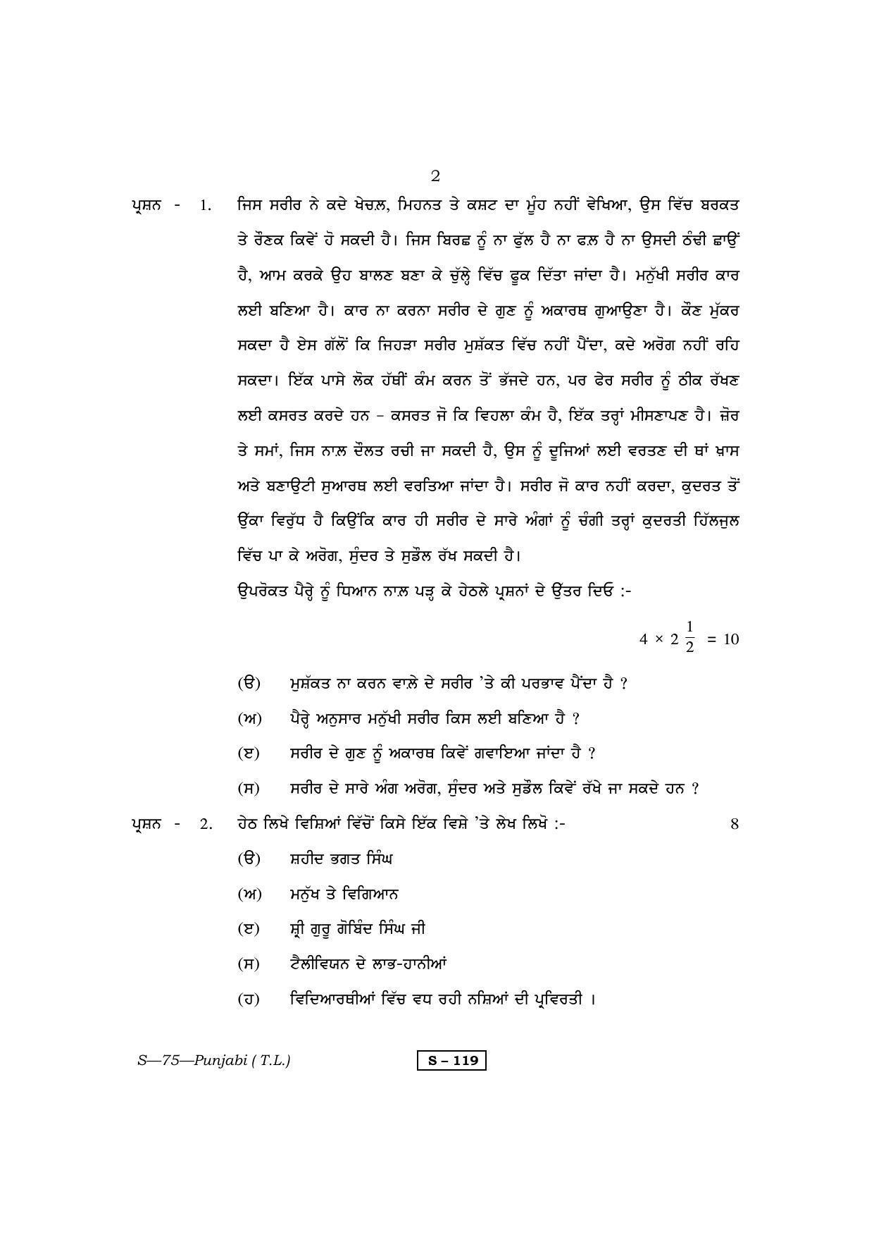 RBSE Class 10 Punjabi (T.L.) 2013 Question Paper - Page 2