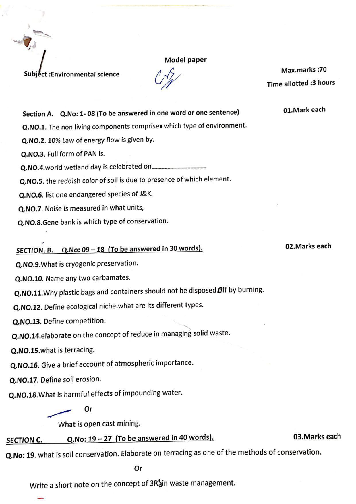 JKBOSE Class 11 Environmental Science Model Question Paper 2023 - Page 1