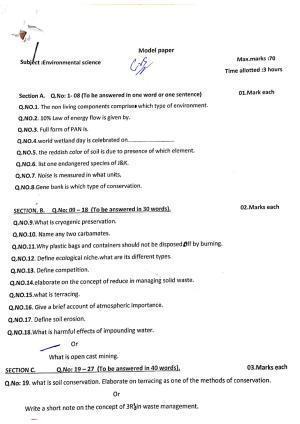 JKBOSE Class 11 Environmental Science Model Question Paper 2023