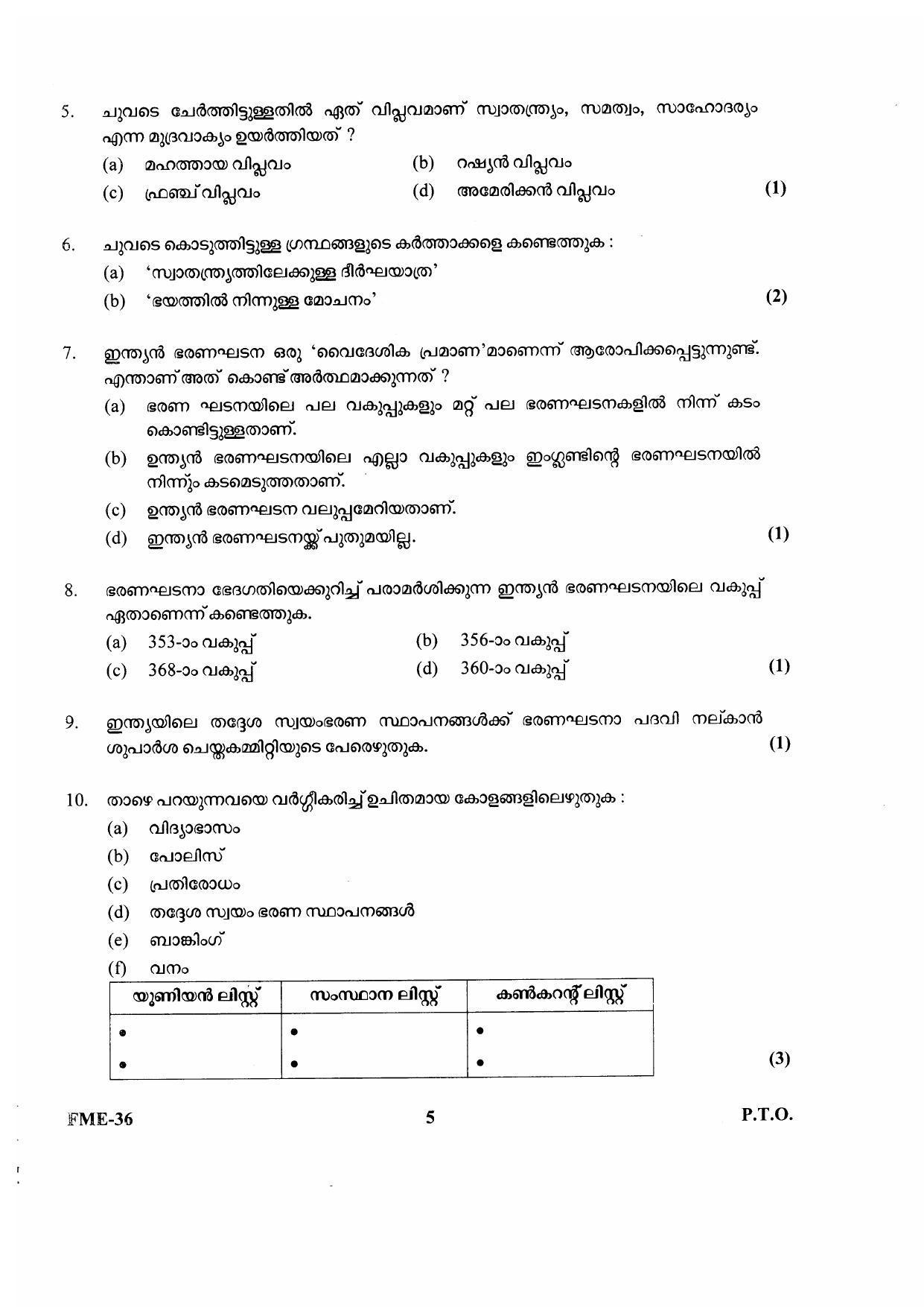Kerala Plus One 2020 Political Science Question Papers (Model) - Page 5