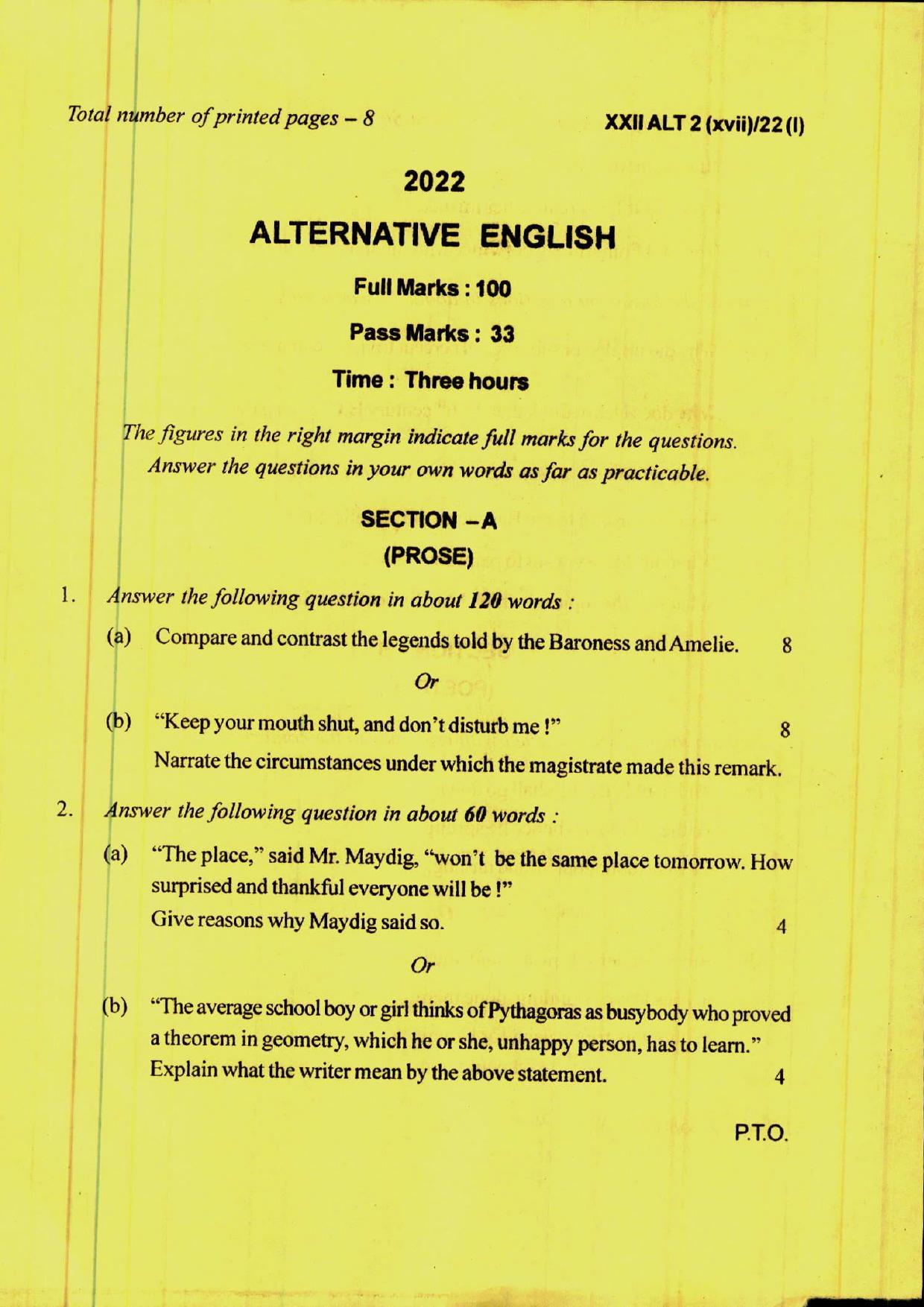 COHSEM 12th Question Papers Improvement 2022 Alternative English - Page 1