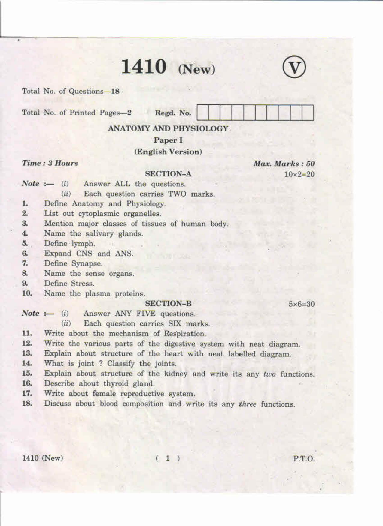 AP Inter 1st Year Anatomy and Physiology-I (New) May-2019-Vocational Question Paper - Page 1
