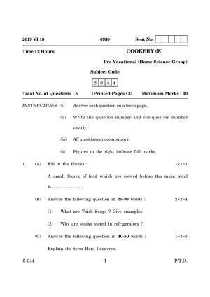 Goa Board Class 10 Cookery E English (June 2019) Question Paper