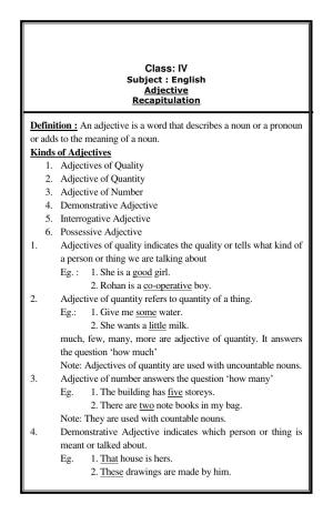 Worksheet for Class 4 English Assignment 129 Adjective Recapitulation