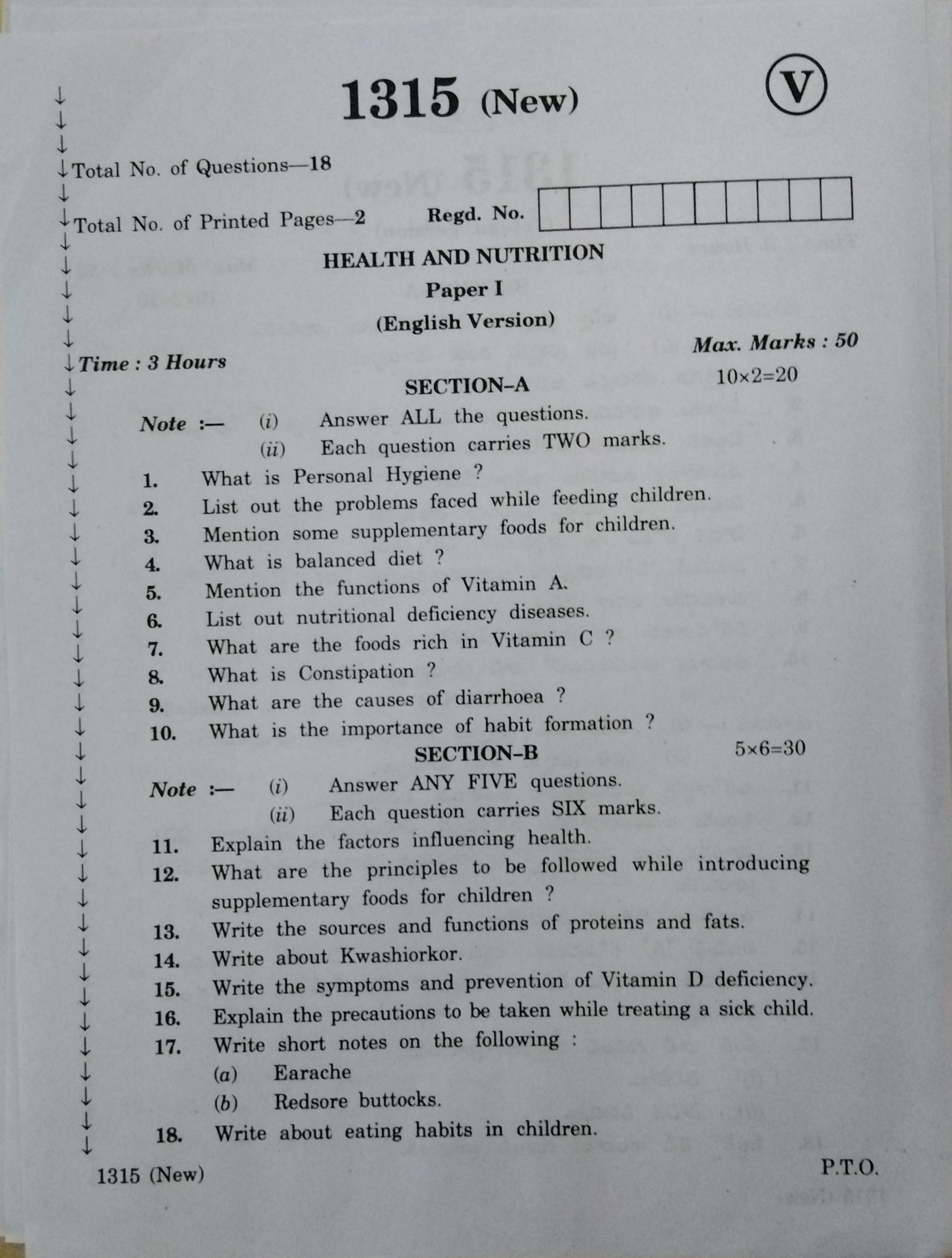 AP Inter 2nd Year Vocational Question Paper March - 2020 - Health Nutrition - I - Page 1