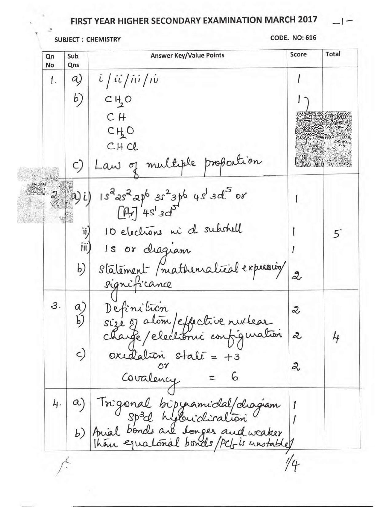 Kerala Plus One 2017 Chemistry Answer Key - Page 1
