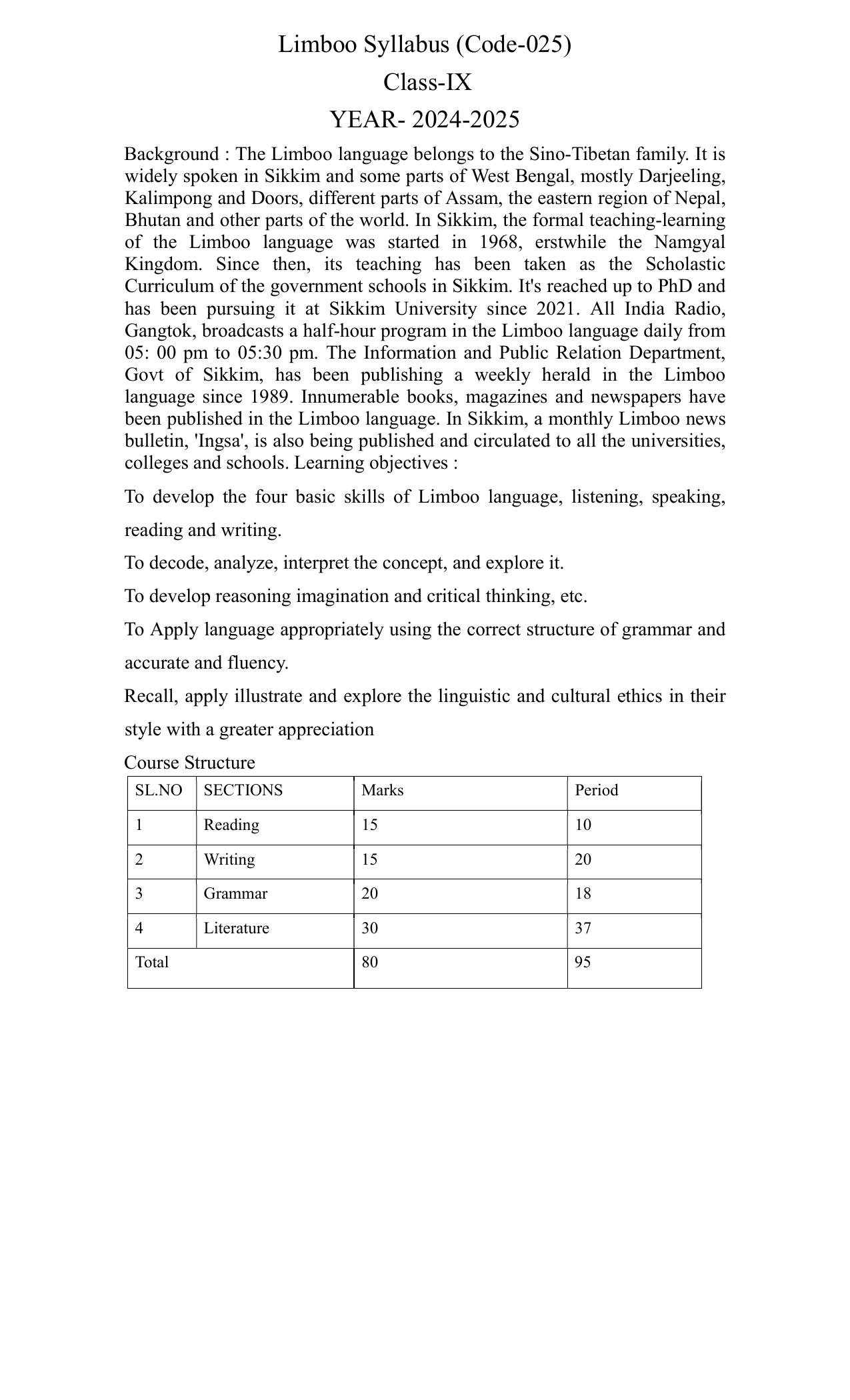 CBSE Class IX & X Limboo Syllabus - Page 1
