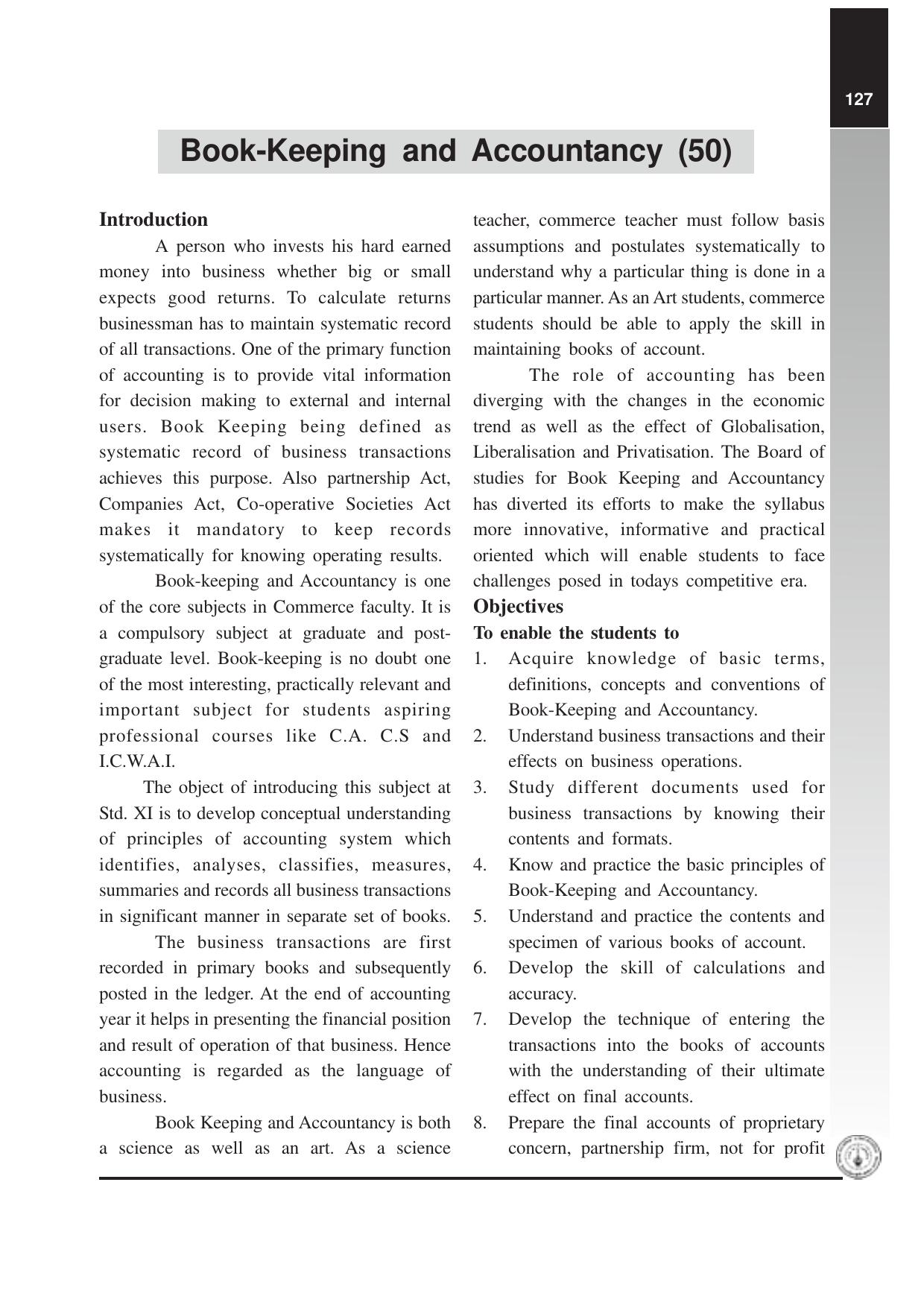 Maharashtra HSC Book Keeping and Accountancy Syllabus - Page 1