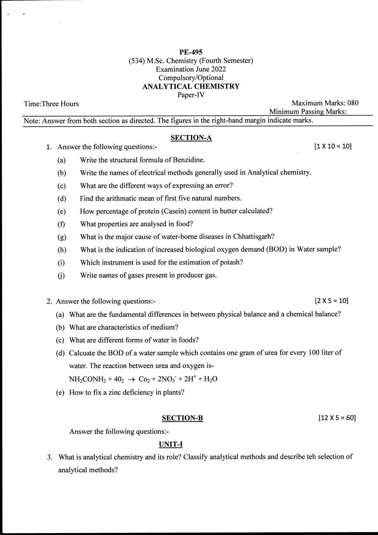 Bilaspur University Question Paper June 2022:M.Sc. Chemistry (Fourth Semester) Analytical Chemistry Paper 1 - Page 1
