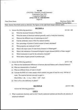 Bilaspur University Question Paper June 2022:M.Sc. Chemistry (Fourth Semester) Analytical Chemistry Paper 1