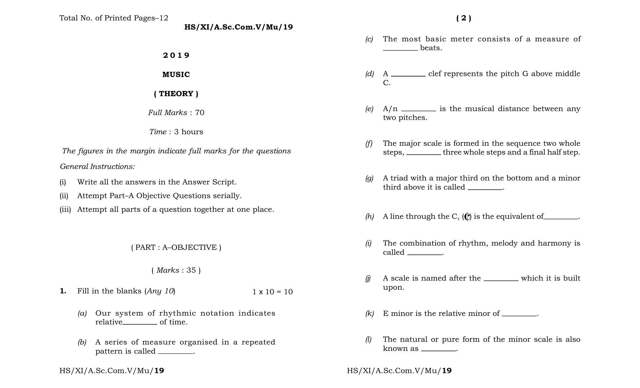Meghalaya Board (MBOSE) Class 11 Music 2019 Question Paper - Page 1
