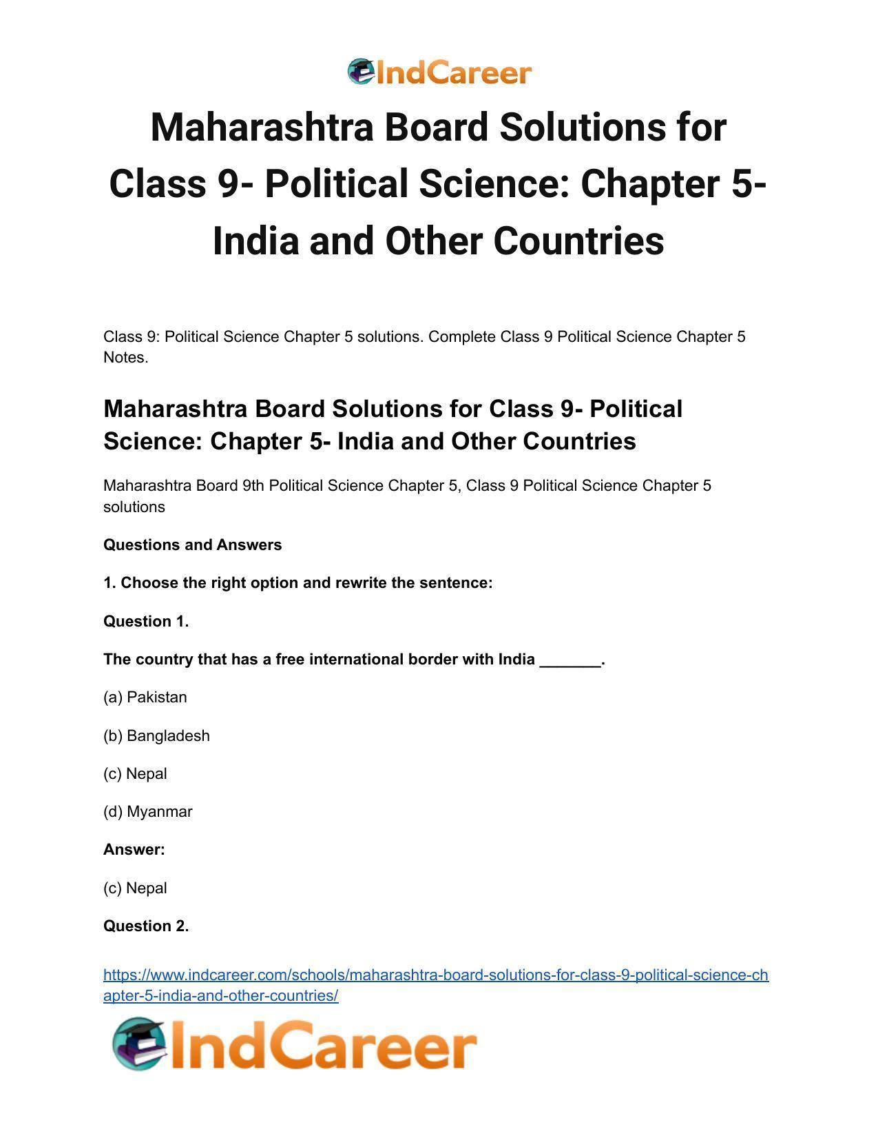 Maharashtra Board Solutions for Class 9- Political Science: Chapter 5- India and Other Countries - Page 2