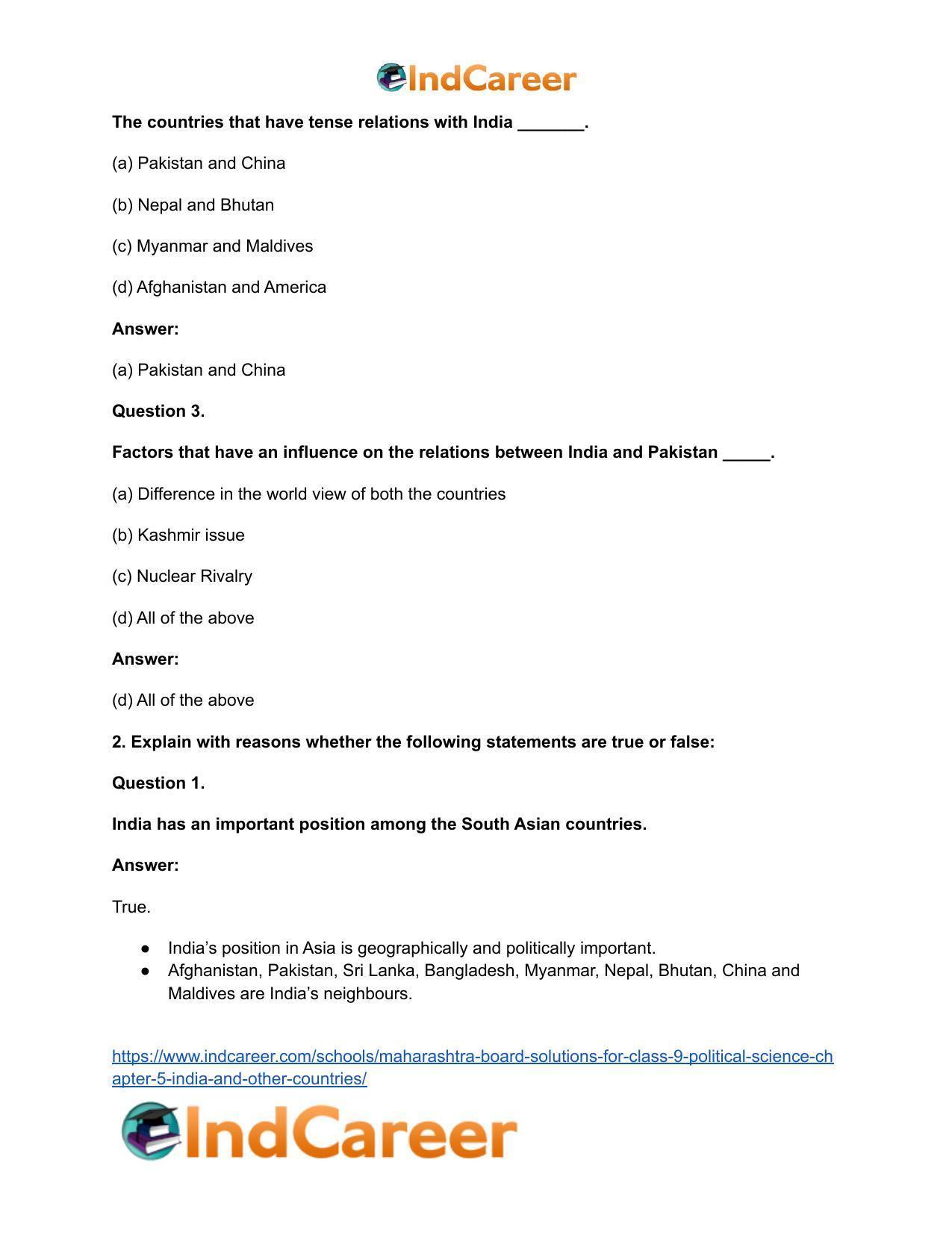 Maharashtra Board Solutions for Class 9- Political Science: Chapter 5- India and Other Countries - Page 3