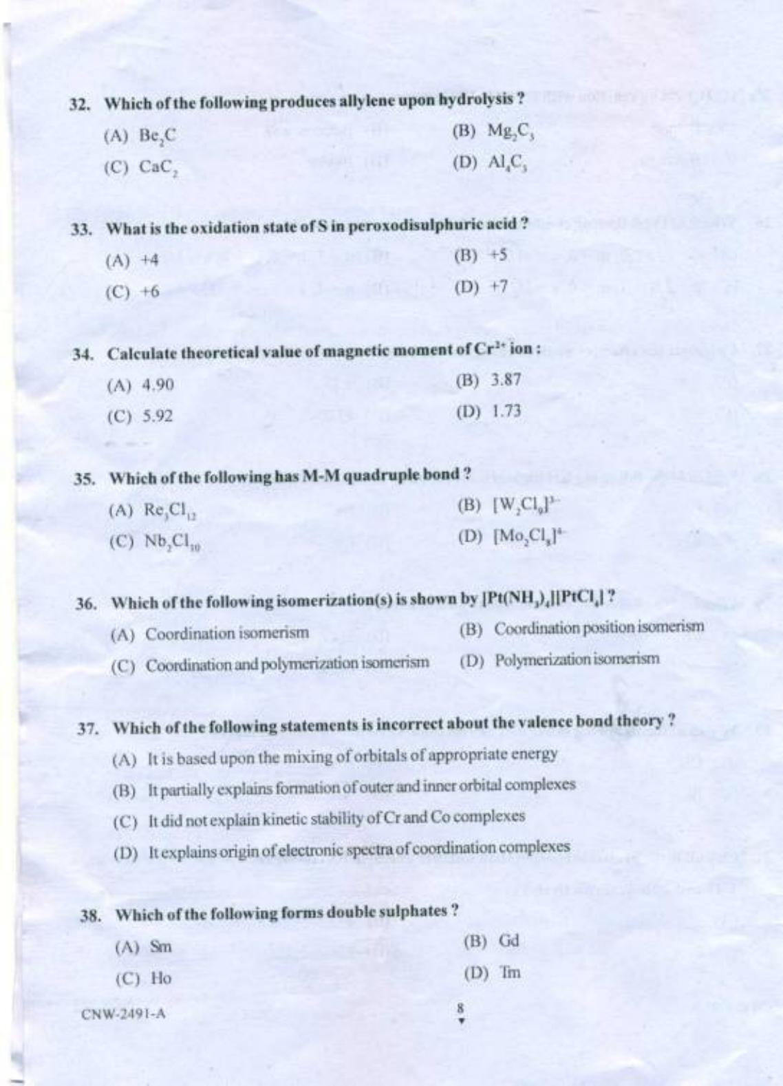 PU CET PG 2018 MSc (Chemistry) Question Paper - Page 7