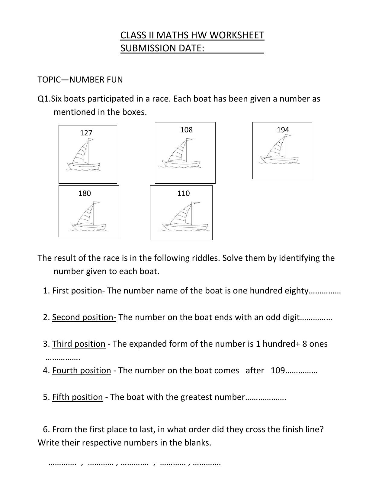 Worksheets for Class 2 Maths Assignment 110 Number Fun 2 - Page 1