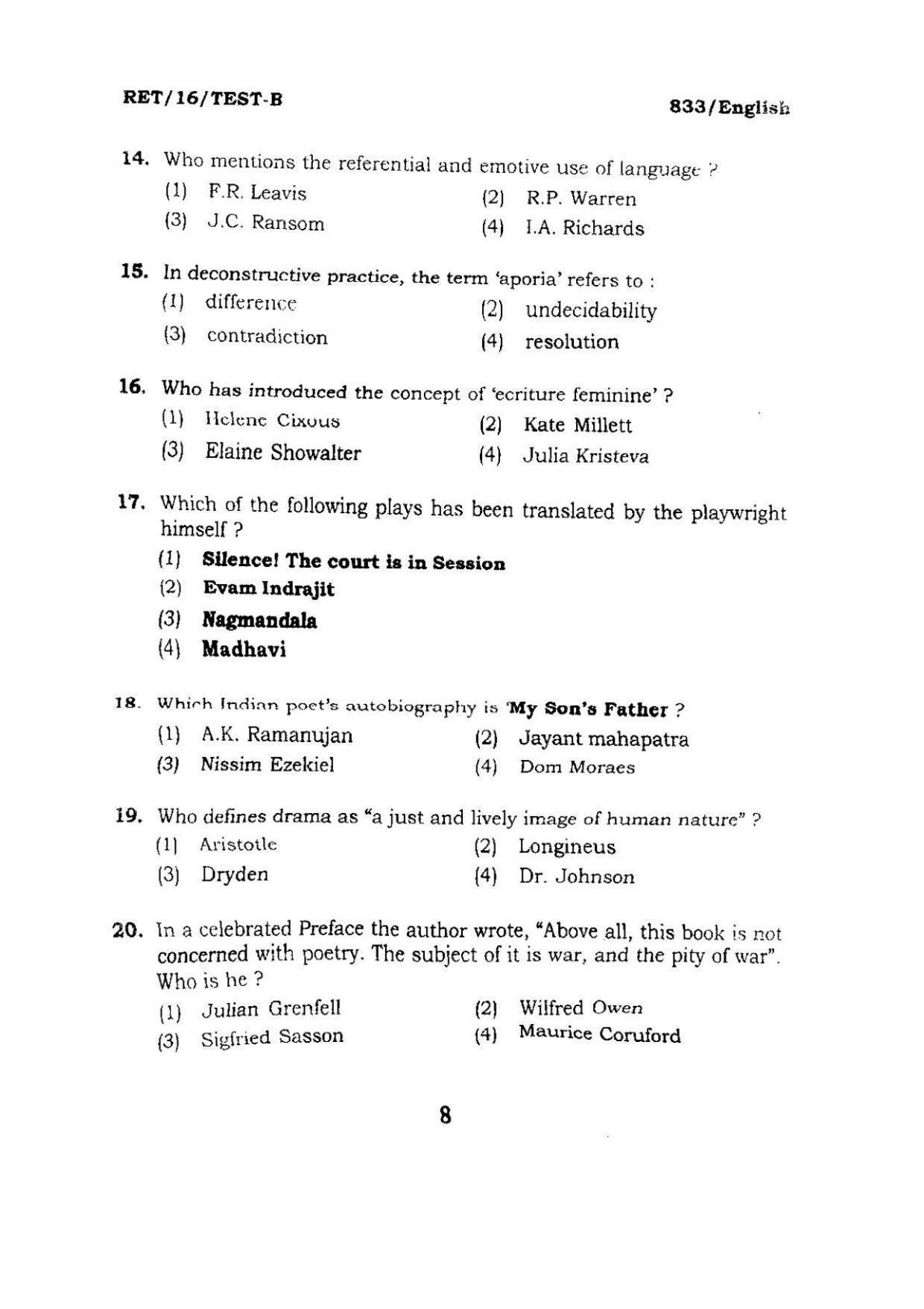 BHU RET ENGLISH 2016 Question Paper - Page 8