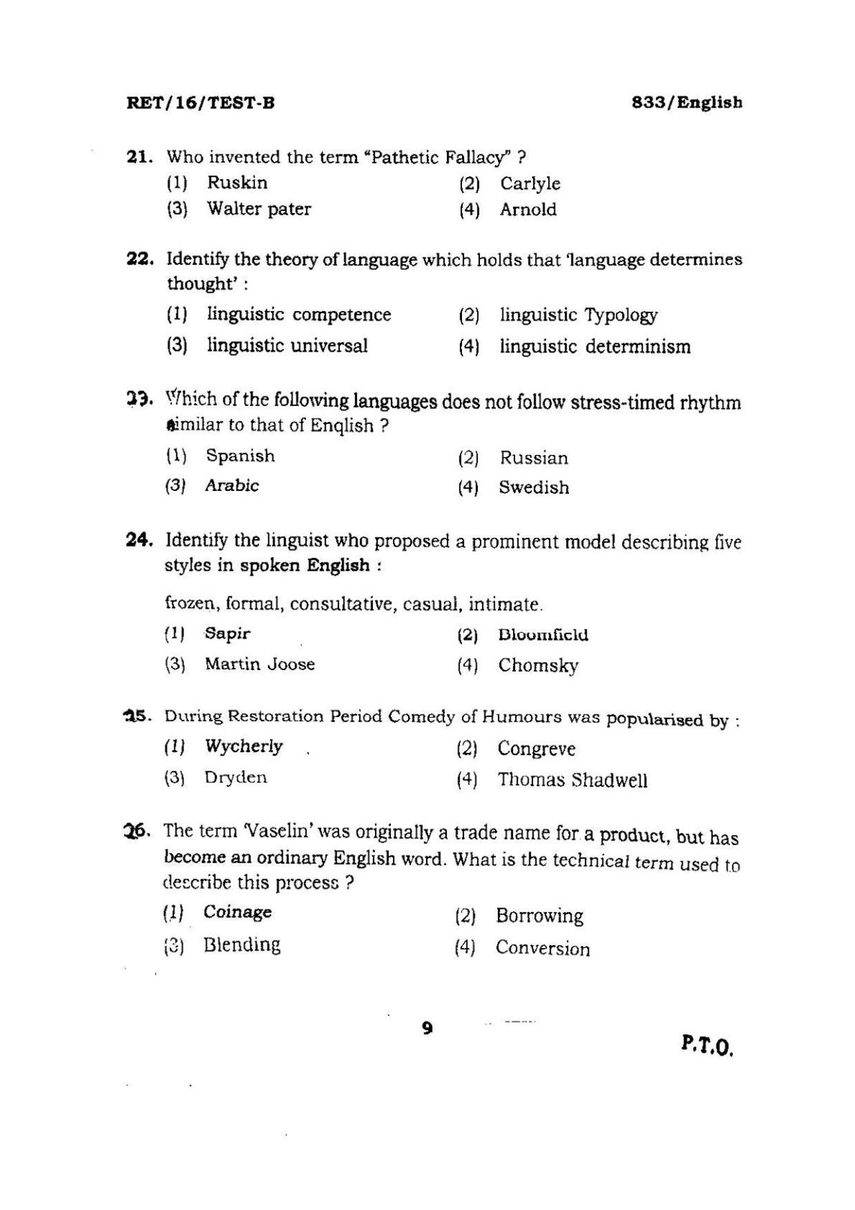 BHU RET ENGLISH 2016 Question Paper - Page 9