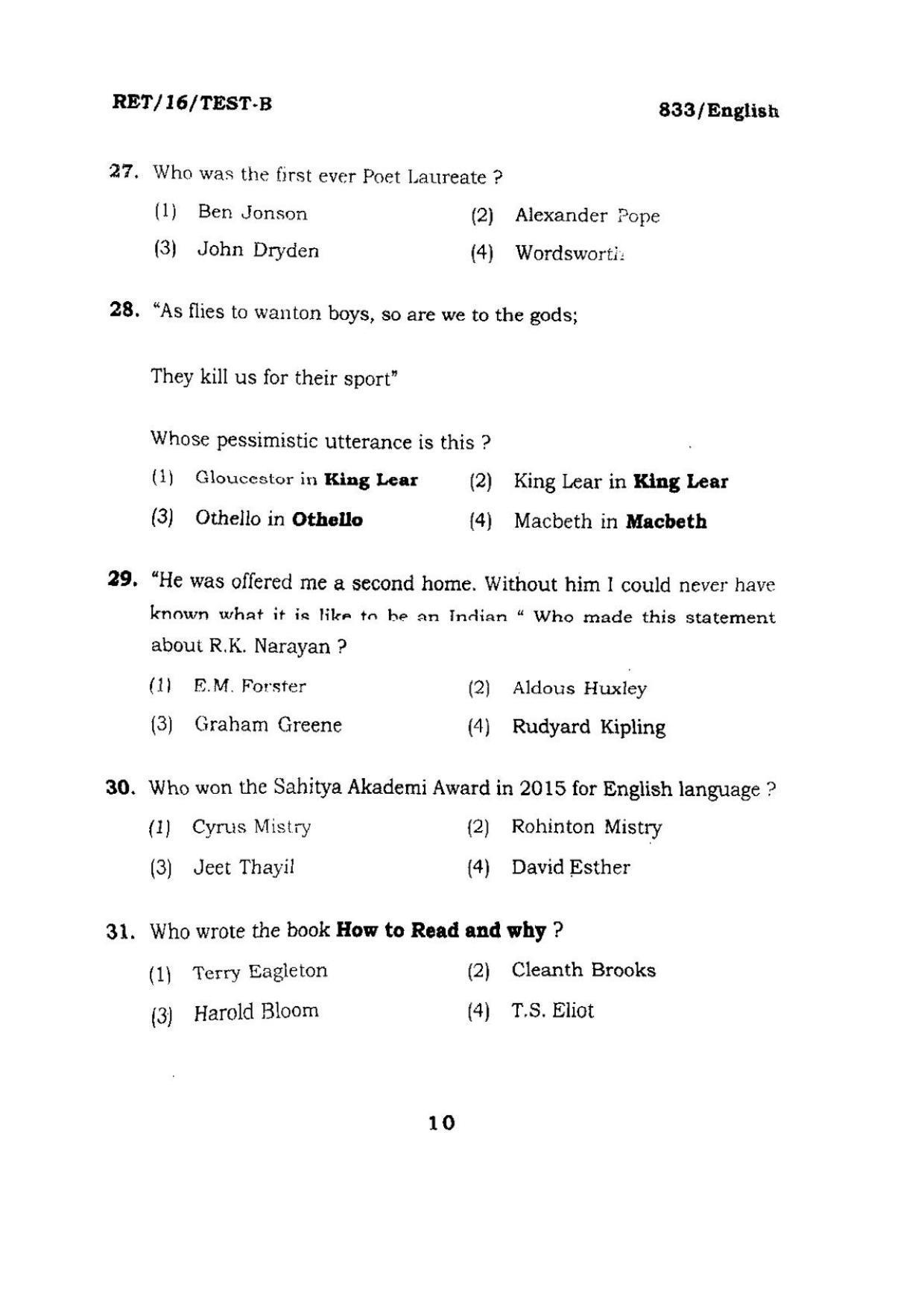 BHU RET ENGLISH 2016 Question Paper - Page 10
