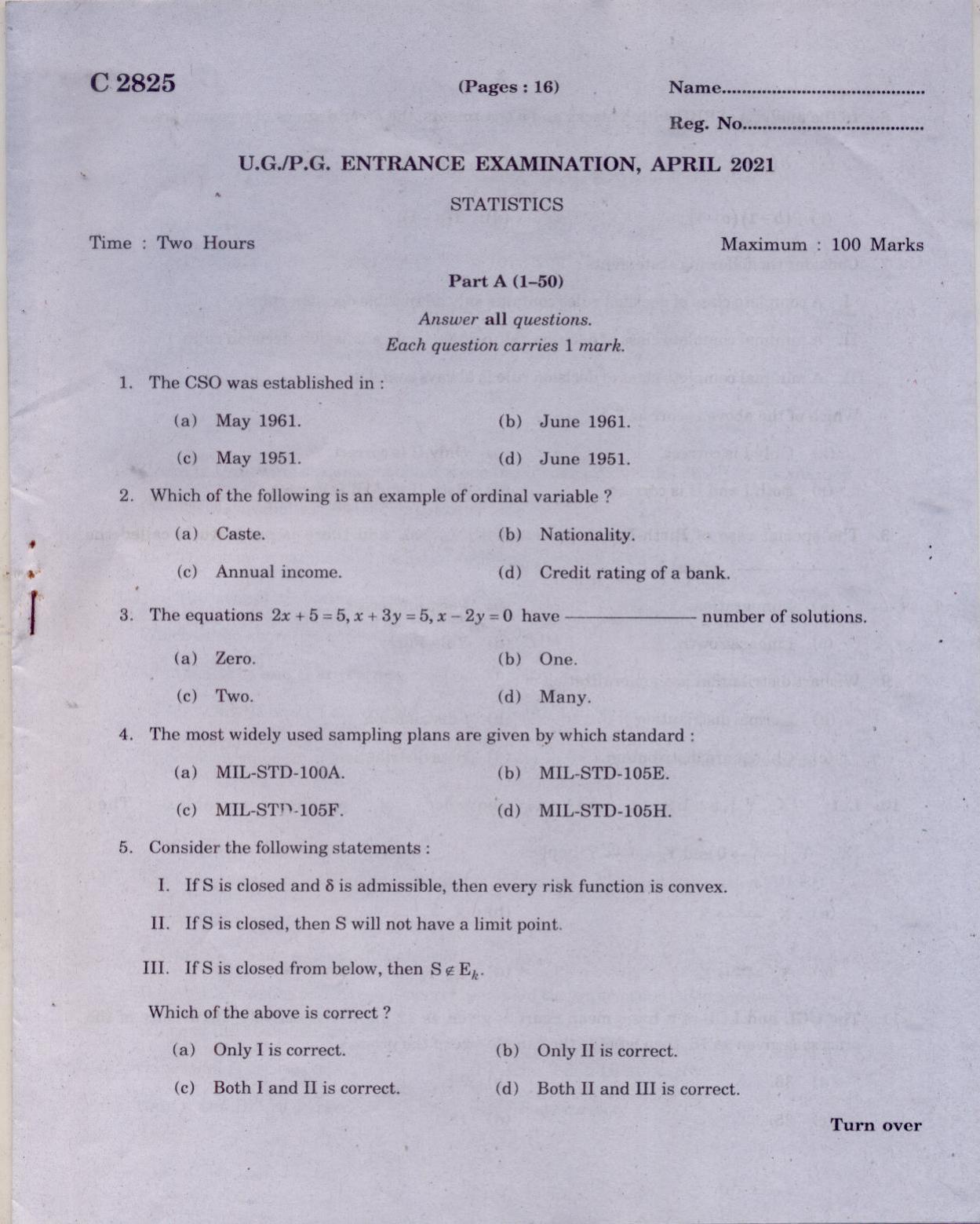 CUCAT 2022 Statistics Question Paper - Page 1