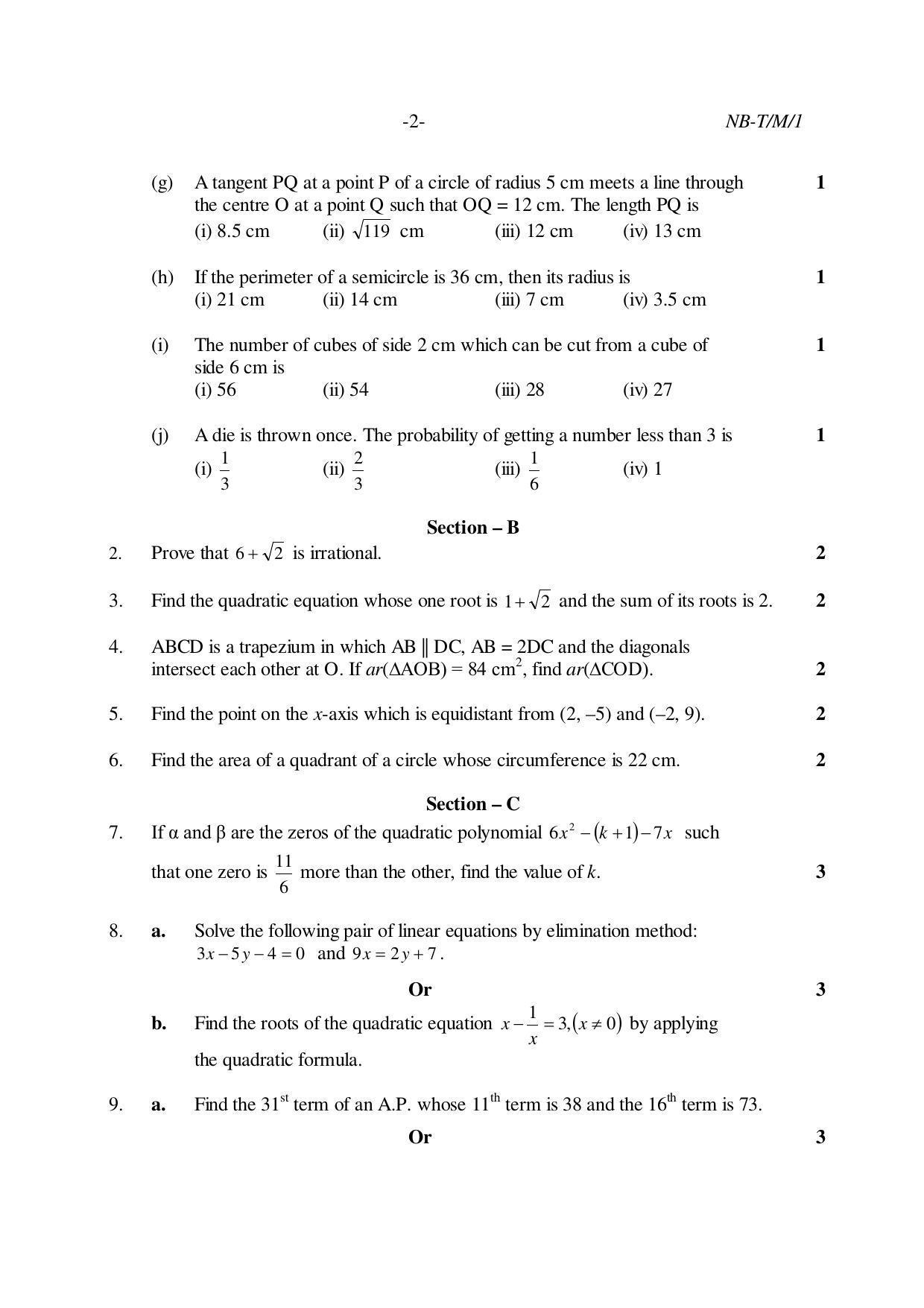 Nagaland Board Class 10 MATHEMATICS 2020 Question Paper - Page 2