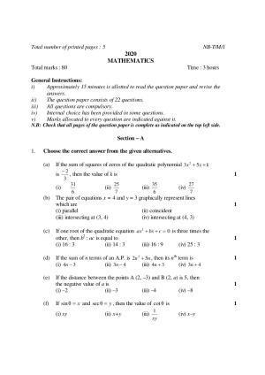 Nagaland Board Class 10 MATHEMATICS 2020 Question Paper