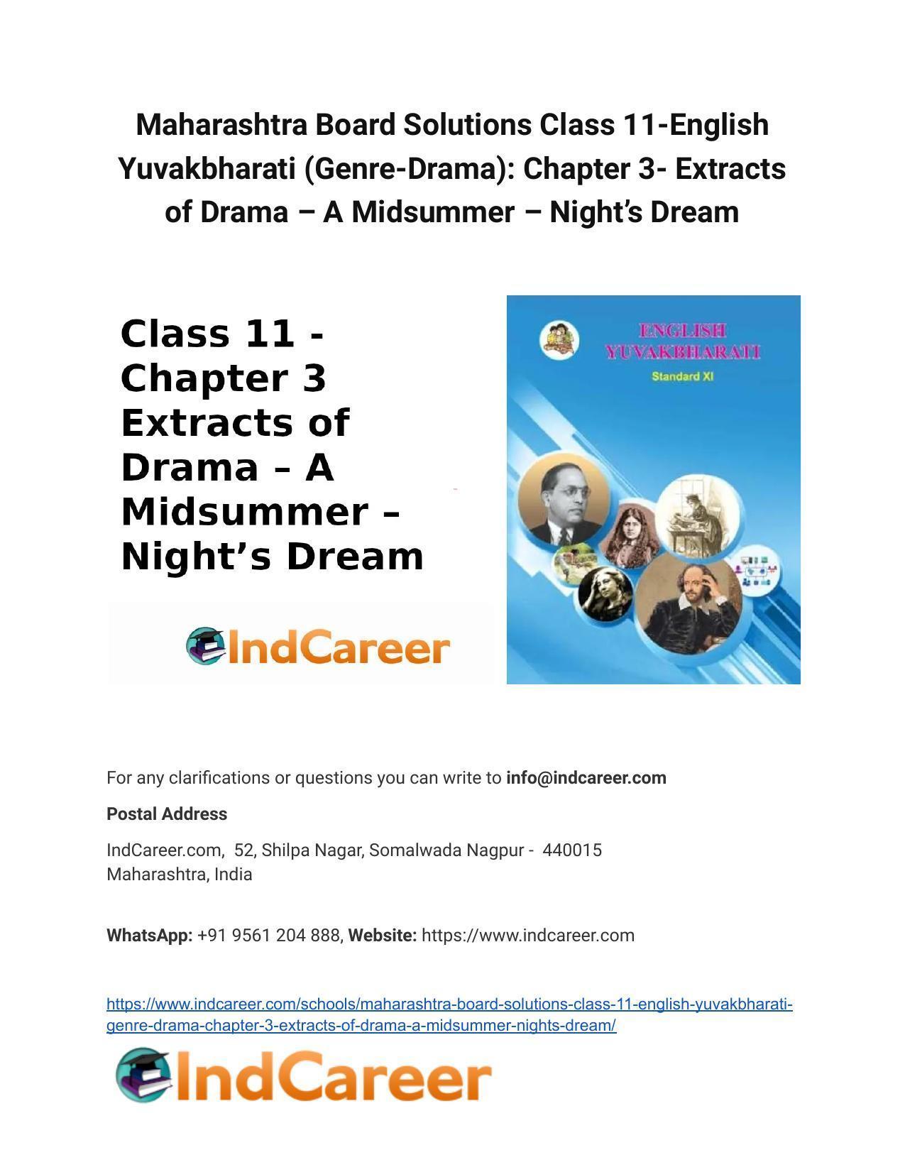 Maharashtra Board Solutions Class 11-English Yuvakbharati (Genre-Drama): Chapter 3- Extracts of Drama – A Midsummer – Night’s Dream - Page 1