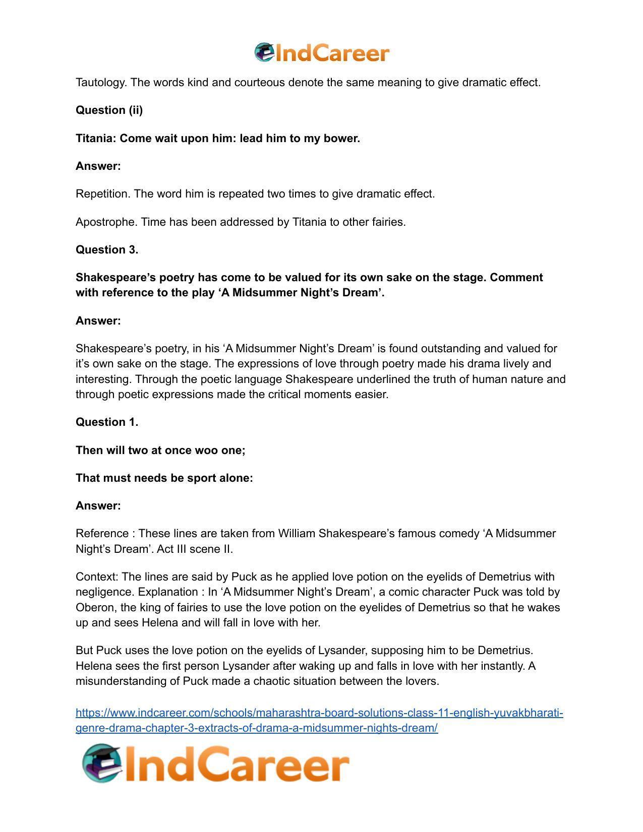 Maharashtra Board Solutions Class 11-English Yuvakbharati (Genre-Drama): Chapter 3- Extracts of Drama – A Midsummer – Night’s Dream - Page 10