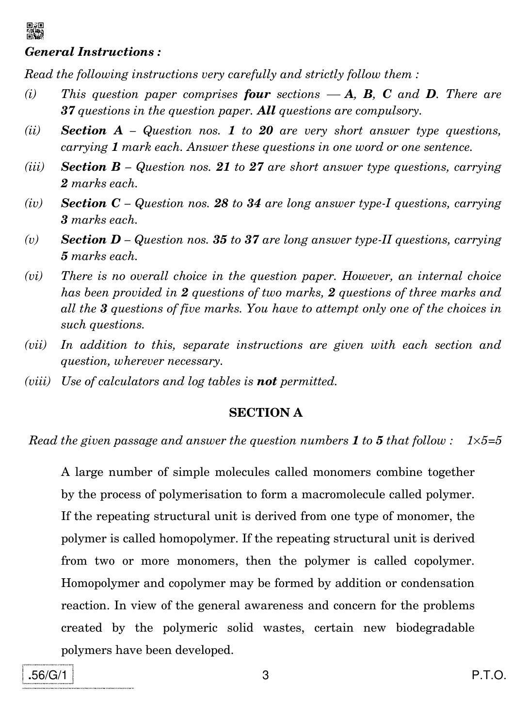 CBSE Class 12 56-C-1 - Chemistry 2020 Compartment Question Paper - Page 3