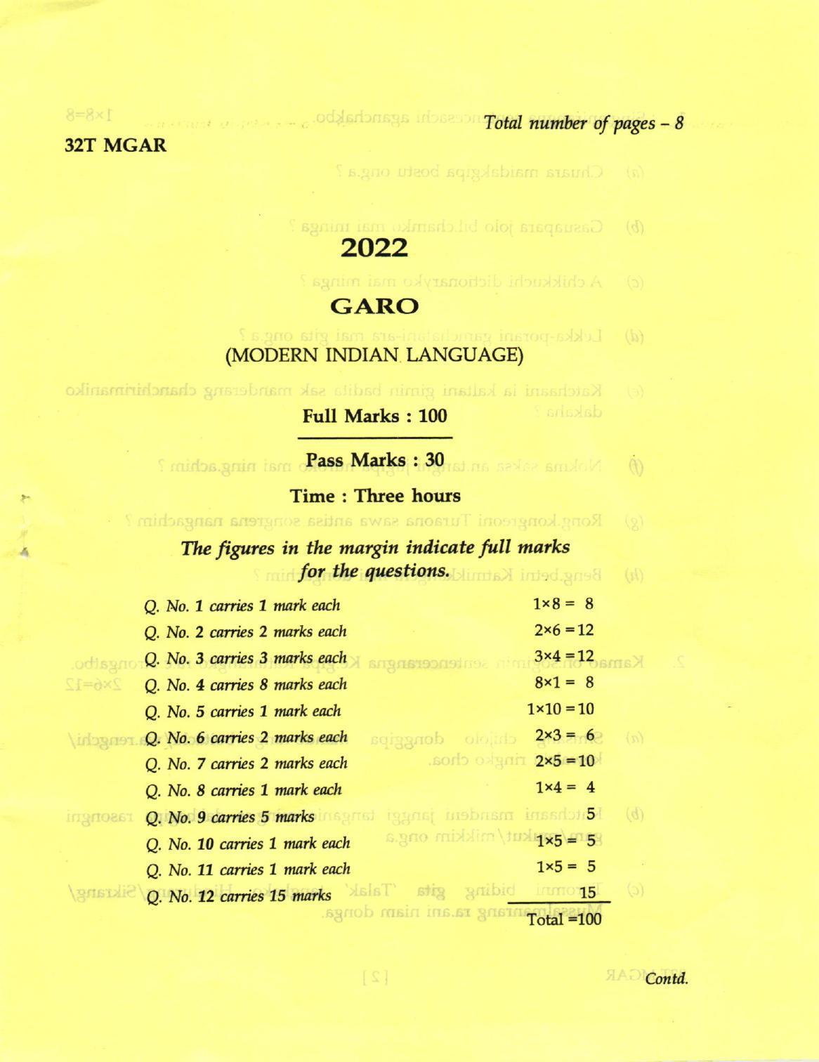 AHSEC Class 12 MIL GARO Question Papers 2022 - Page 1