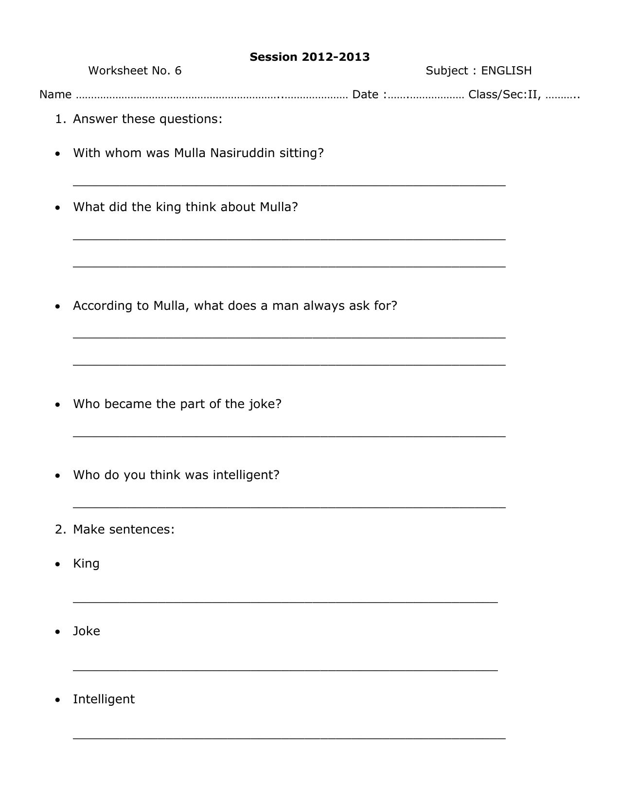 Worksheet for Class 2 English Assignment 7 - Page 1