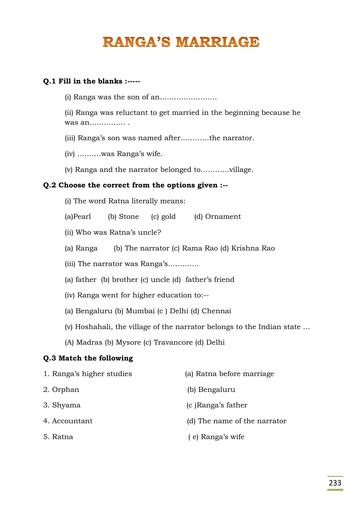 CBSE Worksheets for Class 11 English Ranga Marriage questions answers - Page 1