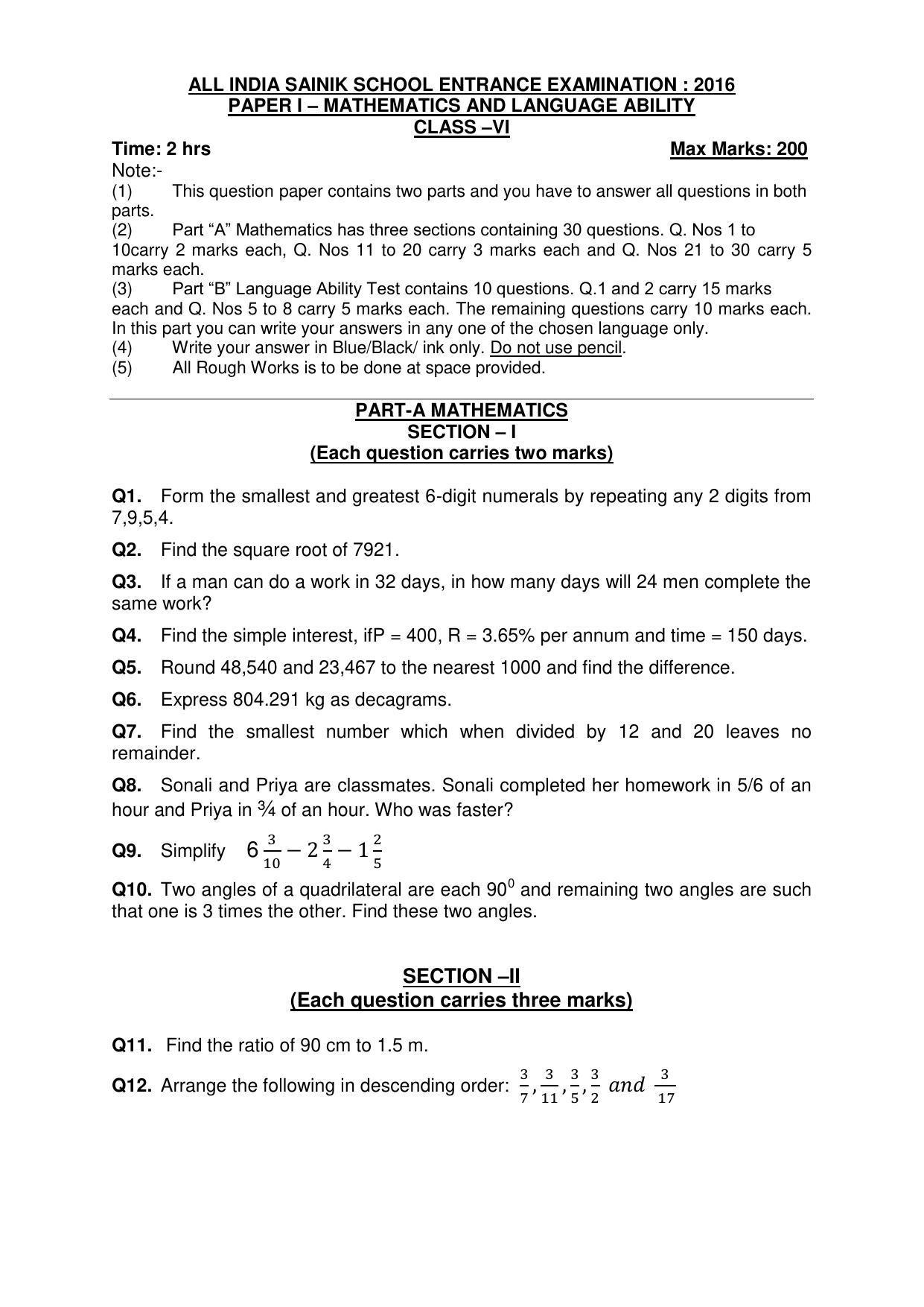 Sainik School Class 6 Question Paper 2016 - Page 1