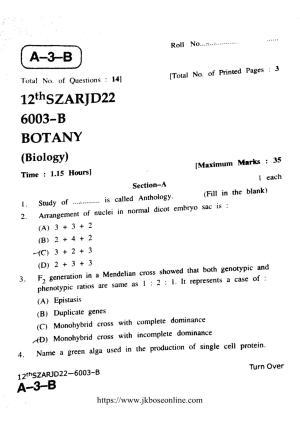 JKBOSE Class 12 Biology-Botany 6003-B Question Papers 2022