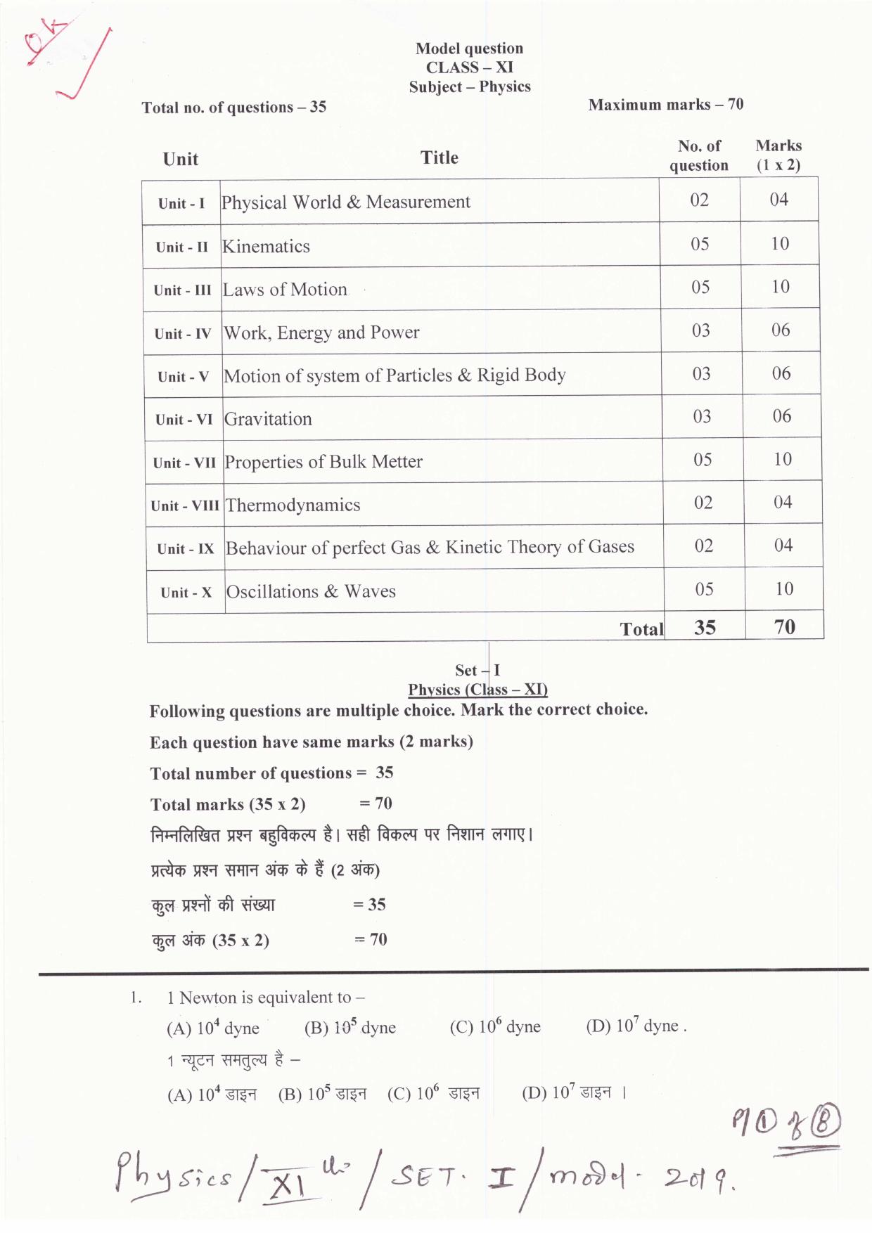 JAC Board Class 11th 2019 PHYSICS SET-1 Model Paper - Page 1
