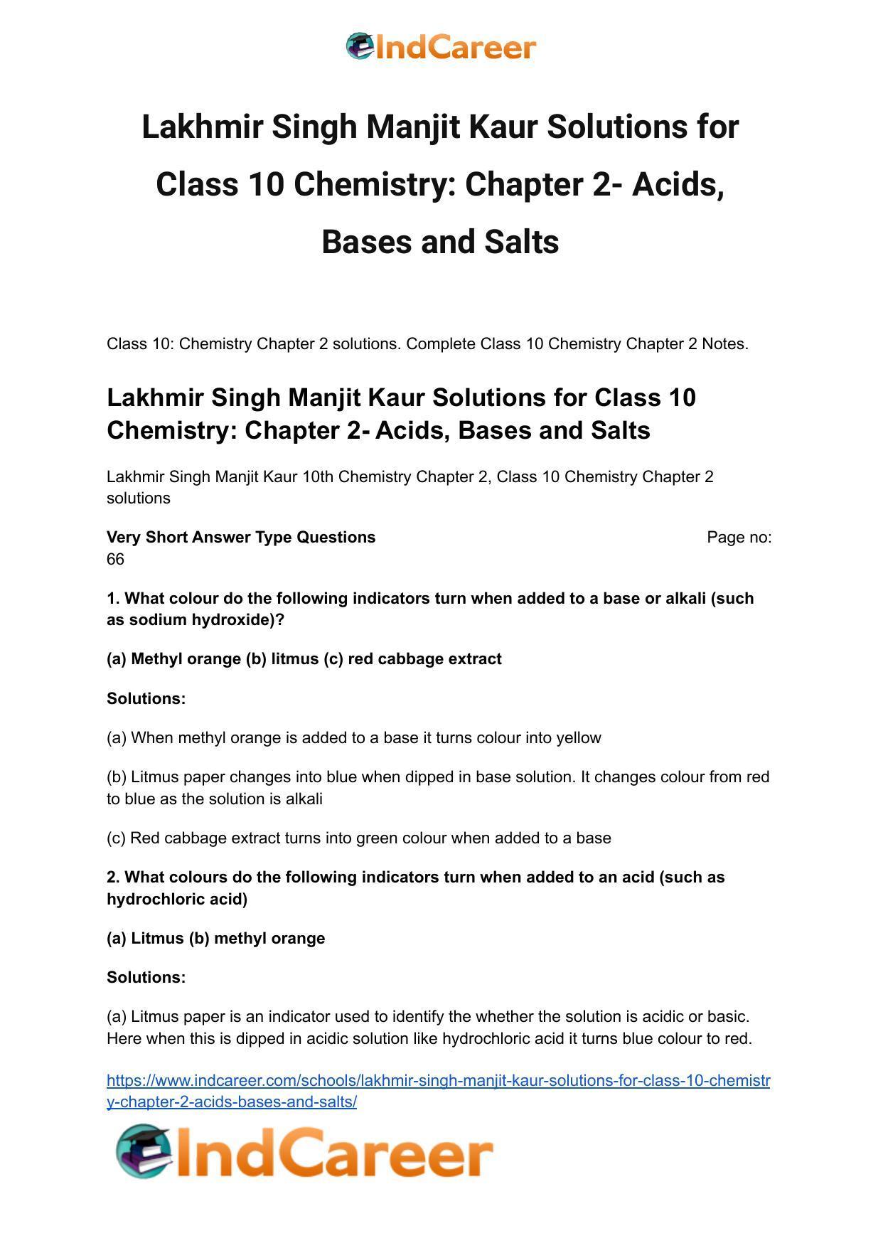 Lakhmir Singh Manjit Kaur Solutions for Class 10 Chemistry: Chapter 2- Acids, Bases and Salts - Page 2