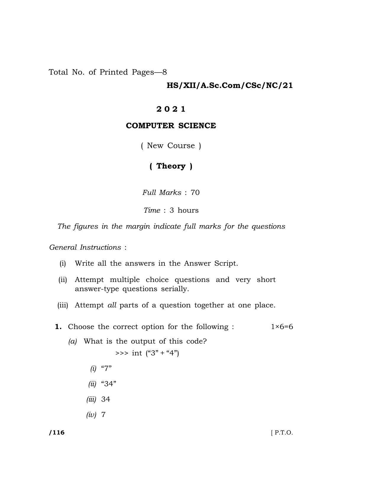 Meghalaya Board (MBOSE) Class 12 COMPUTER SCIENCE (New Course) (HS-XII-A.Sc.Com-CSc-NC-21) 2021 Question Paper - Page 1