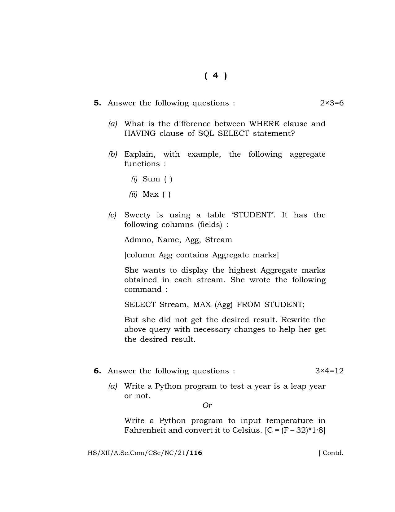 Meghalaya Board (MBOSE) Class 12 COMPUTER SCIENCE (New Course) (HS-XII-A.Sc.Com-CSc-NC-21) 2021 Question Paper - Page 4