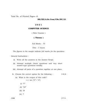 Meghalaya Board (MBOSE) Class 12 COMPUTER SCIENCE (New Course) (HS-XII-A.Sc.Com-CSc-NC-21) 2021 Question Paper